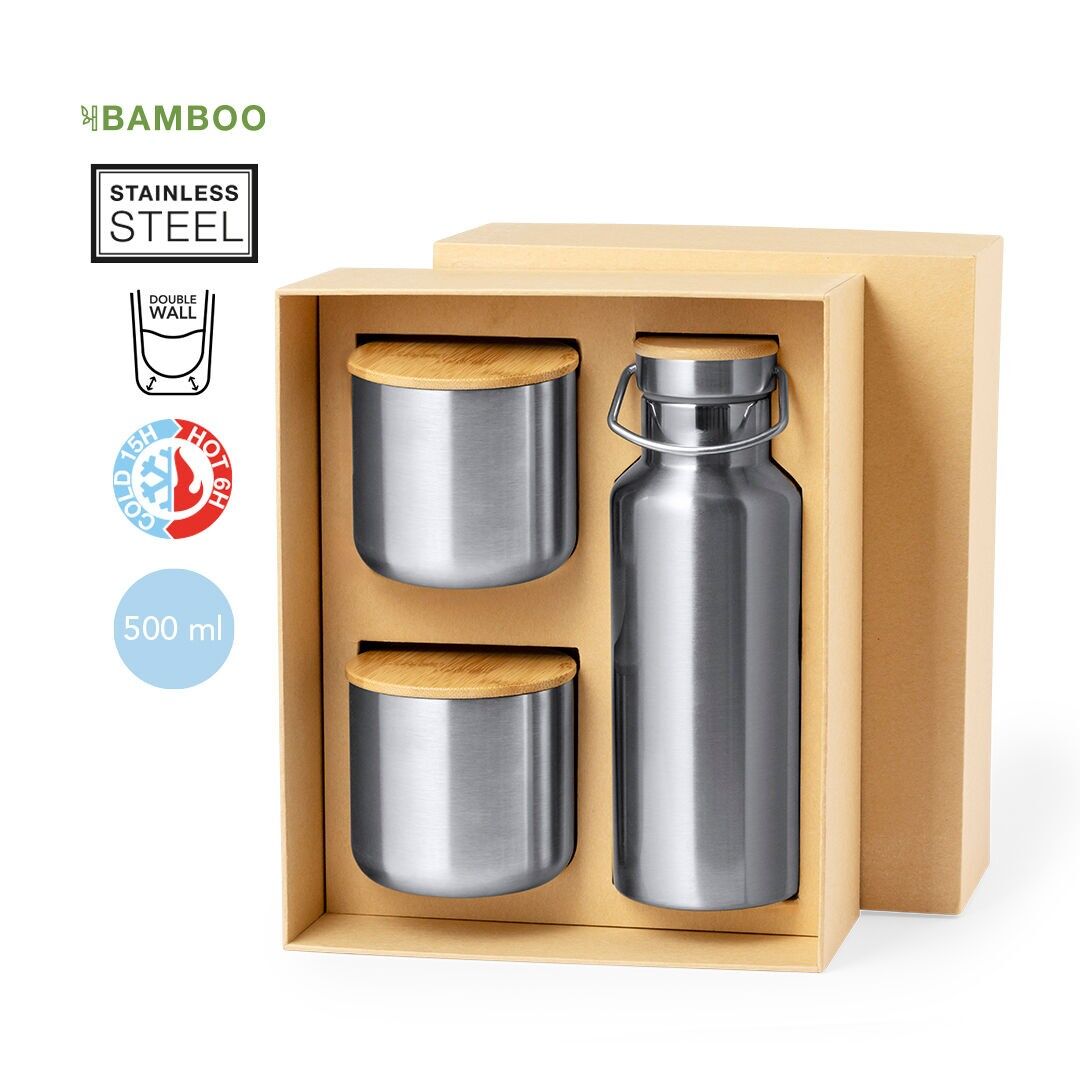 PRACTICAL SET OF THERMOS FLASK AND TUMBLERS- 500 ML THERMO FLASK WITH BAMBOO DETAIL ON TOP AND HANDLE. IN ADDITION, IT CONTAINS 2 TUMBLERS OF 300 ML EACH, AND PUSH-ON CLOSURE.