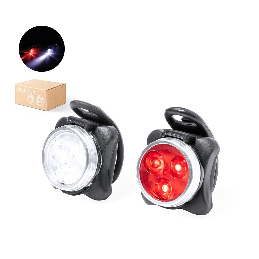 KIT LUCI DI SICUREZZA PER BICICLETTA, DUE PEZZI: UNA LUCE ANTERIORE BIANCA E UNA LUCE POSTERIORE ROSSA.DOTATO DI TRE POTENTI LED, OFFRE 4 MODALITÀ DI ILLUMINAZIONE: FISSA, INTENSITÀ ALTA O MEDIA; E LAMPEGGIANTE VELOCE O LENTO. RICARICABILE CON CAVO DI RICARICA INCLUSO.