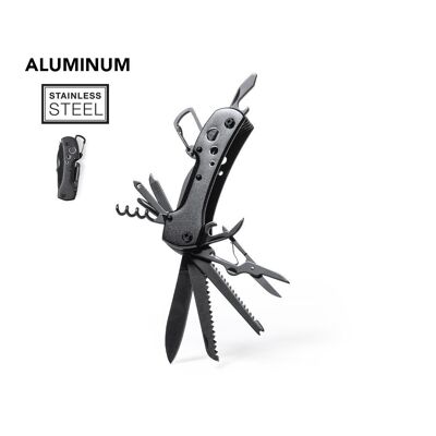 CUCHILLO MULTIUSOS CON ACCESORIOS EN ACERO INOXIDABLE ACABADO NEGRO.