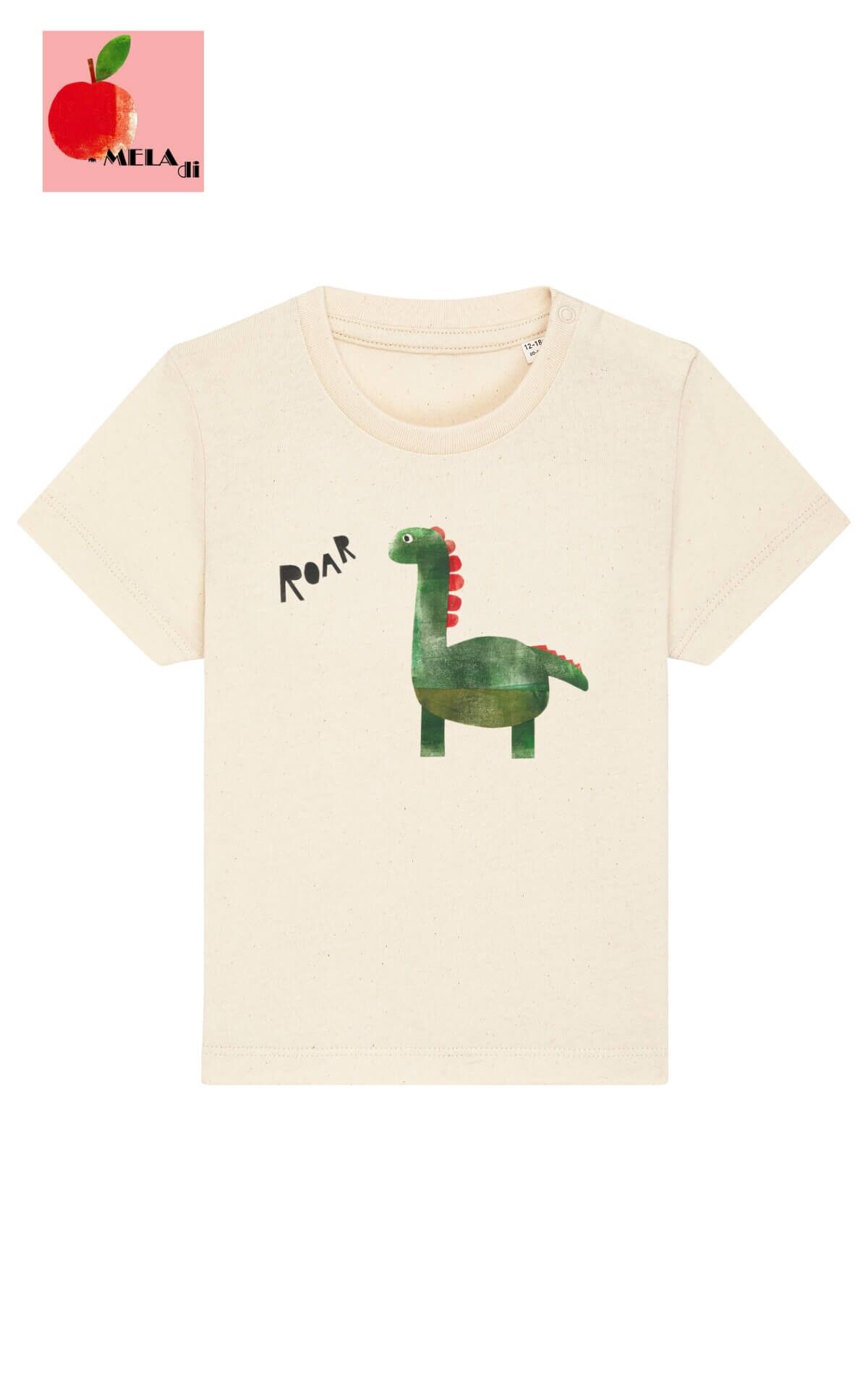 Maglietta per neonati in cotone biologico Meladi Kids - Dinosauro su tessuto grezzo naturale