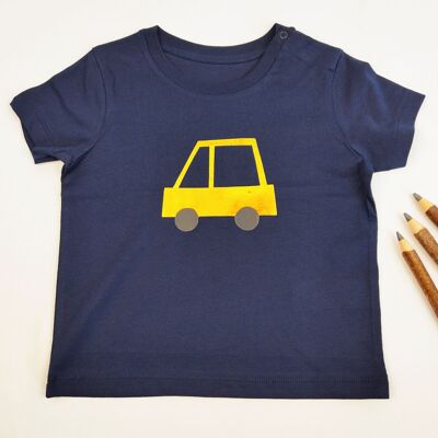 Camisa de bebé de algodón orgánico Meladi Kids - Coche amarillo sobre azul marino