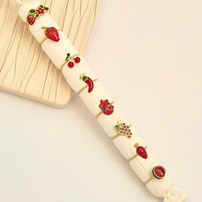 Juego de 8 anillos ajustables de acero inoxidable con diseño de frutas.