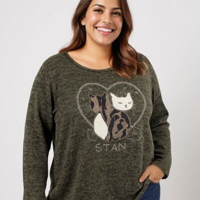 Large size khaki cat pattern sweater (T9818A)