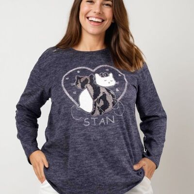 Maglione con motivo a gatto blu taglie forti (T9818A)
