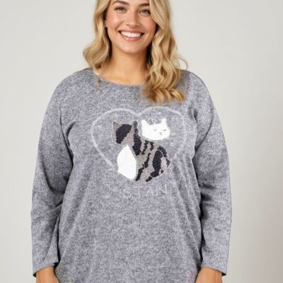 Maglione grigio con motivo a gatto in taglie forti (T9818A)