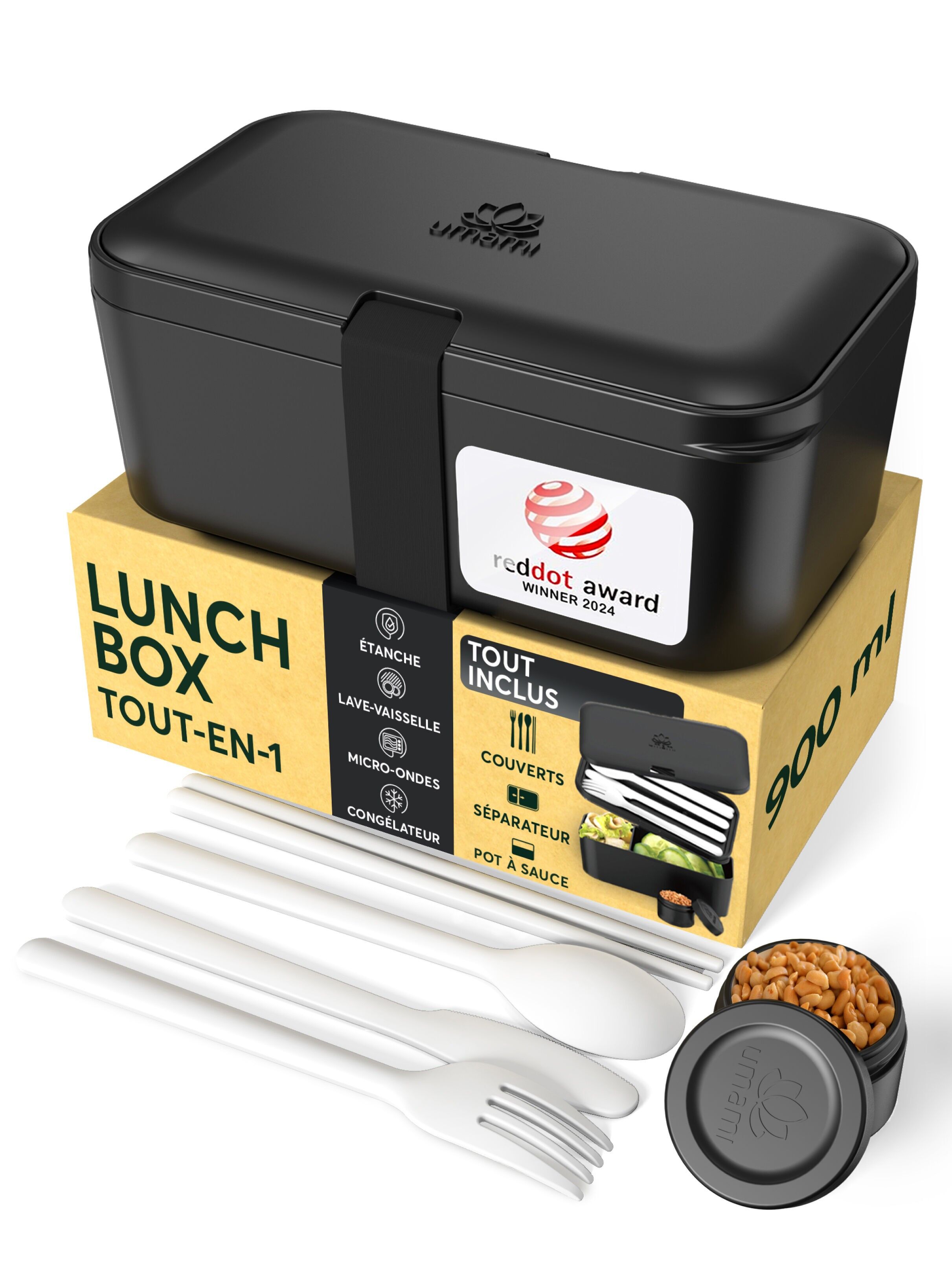 Umami Bento Lunch Box, Couverts & Pots à Sauce Inclus, Boîte Repas Encastrable, Lunchbox Micro-Ondable, Boîte à Lunch Adulte Compartimentée, Bento Box, Noir Onyx, 900 ml