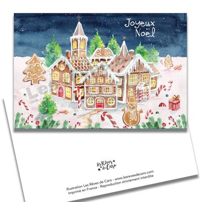Carte Double Aquarelle Village de Noël Pain d'épices