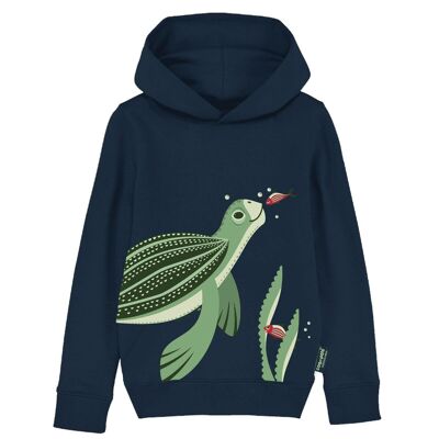 Felpa con cappuccio per adulti, cotone biologico, blu navy - Tartaruga liuto