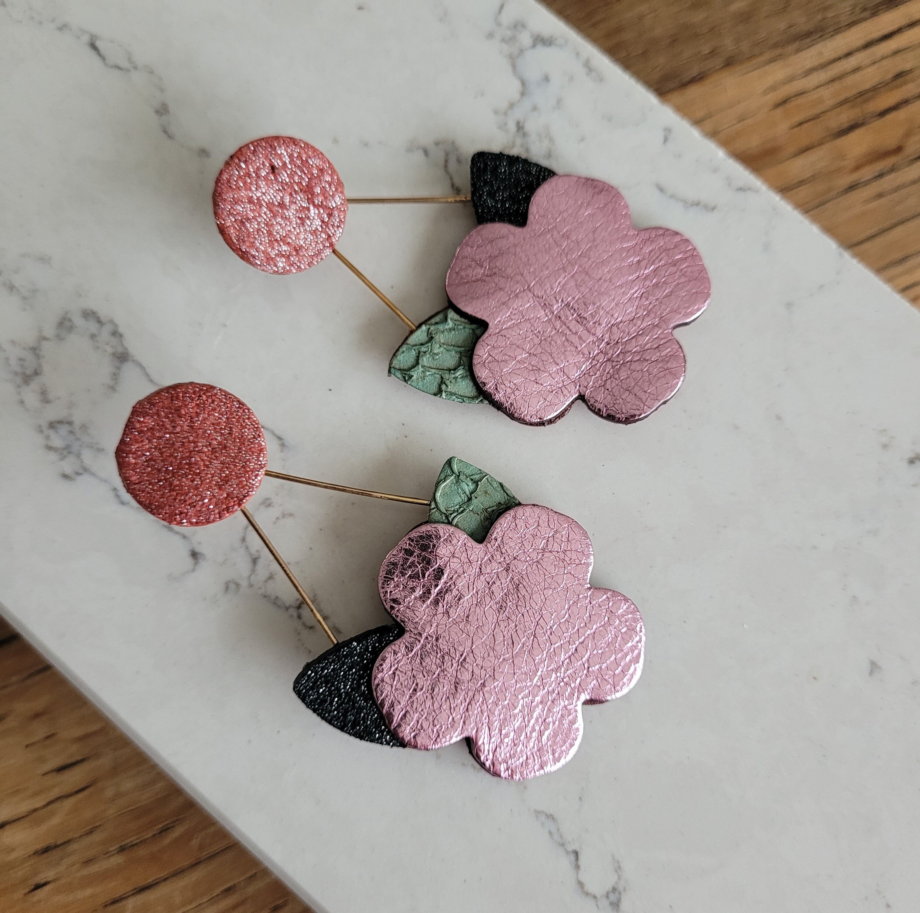 Pink recycled leather flower earrings