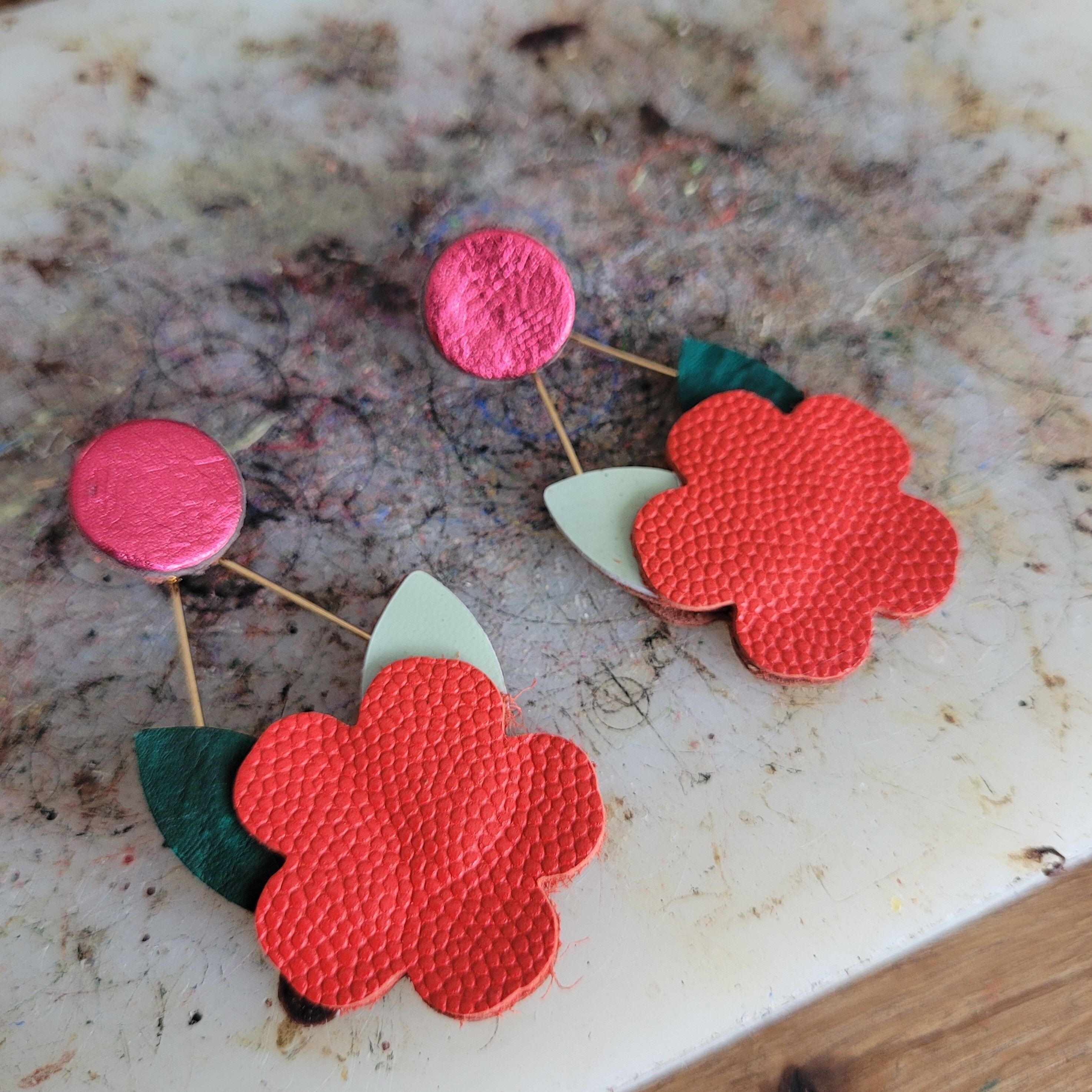 Retro red recycled leather earrings