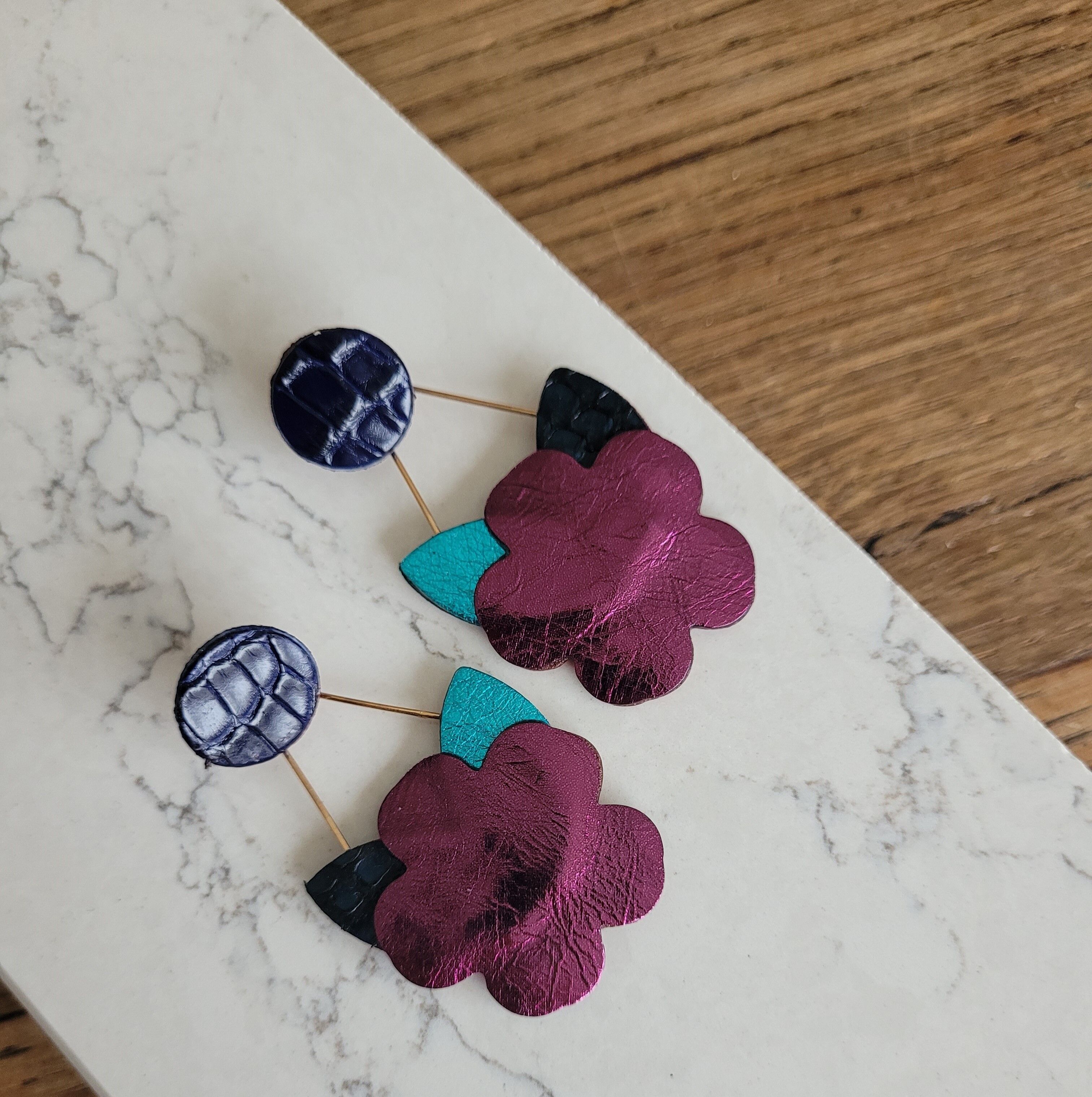 Purple recycled leather earrings
