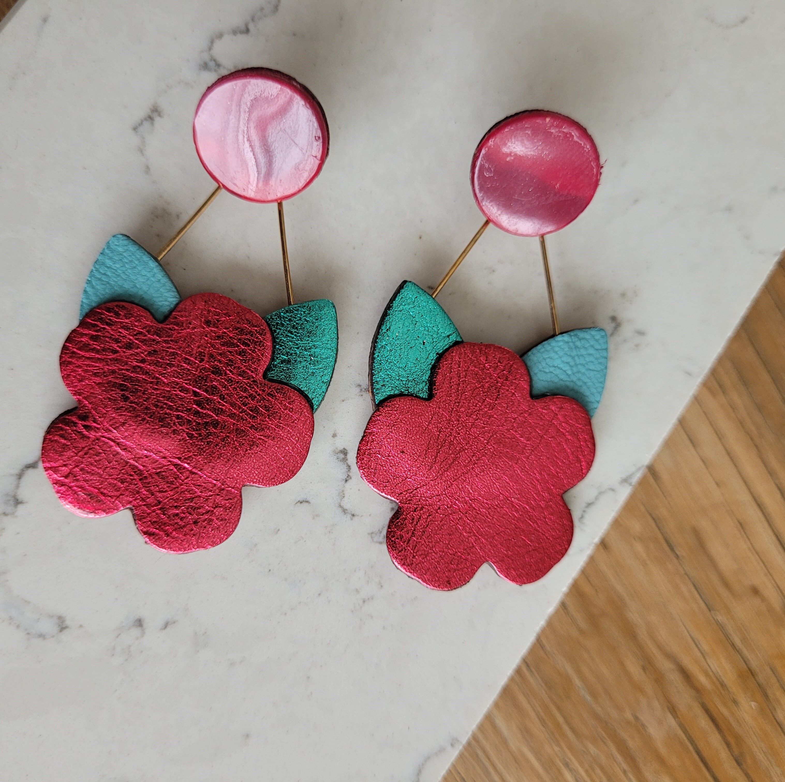 Fuchsia red recycled leather earrings