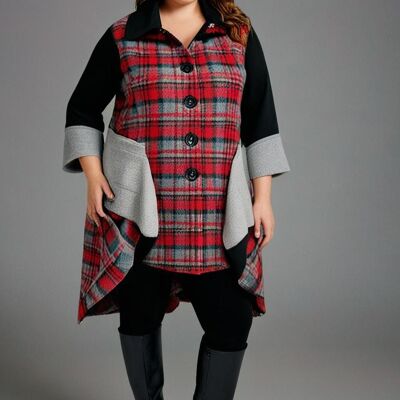 Cappotto scozzese in lana nera taglia comoda (T2463)