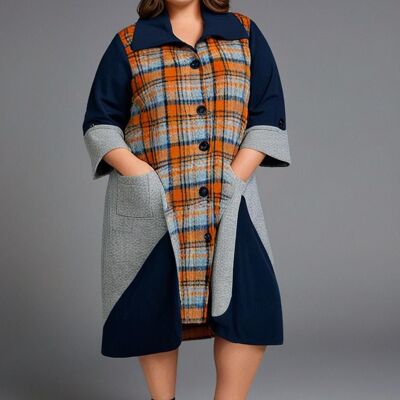 Cappotto scozzese in lana blu taglie forti (T2463)