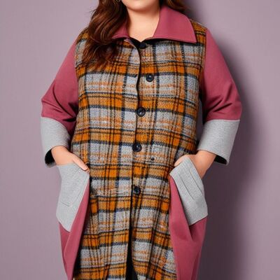 Abrigo de lana a cuadros rosa de talla grande (T2463)