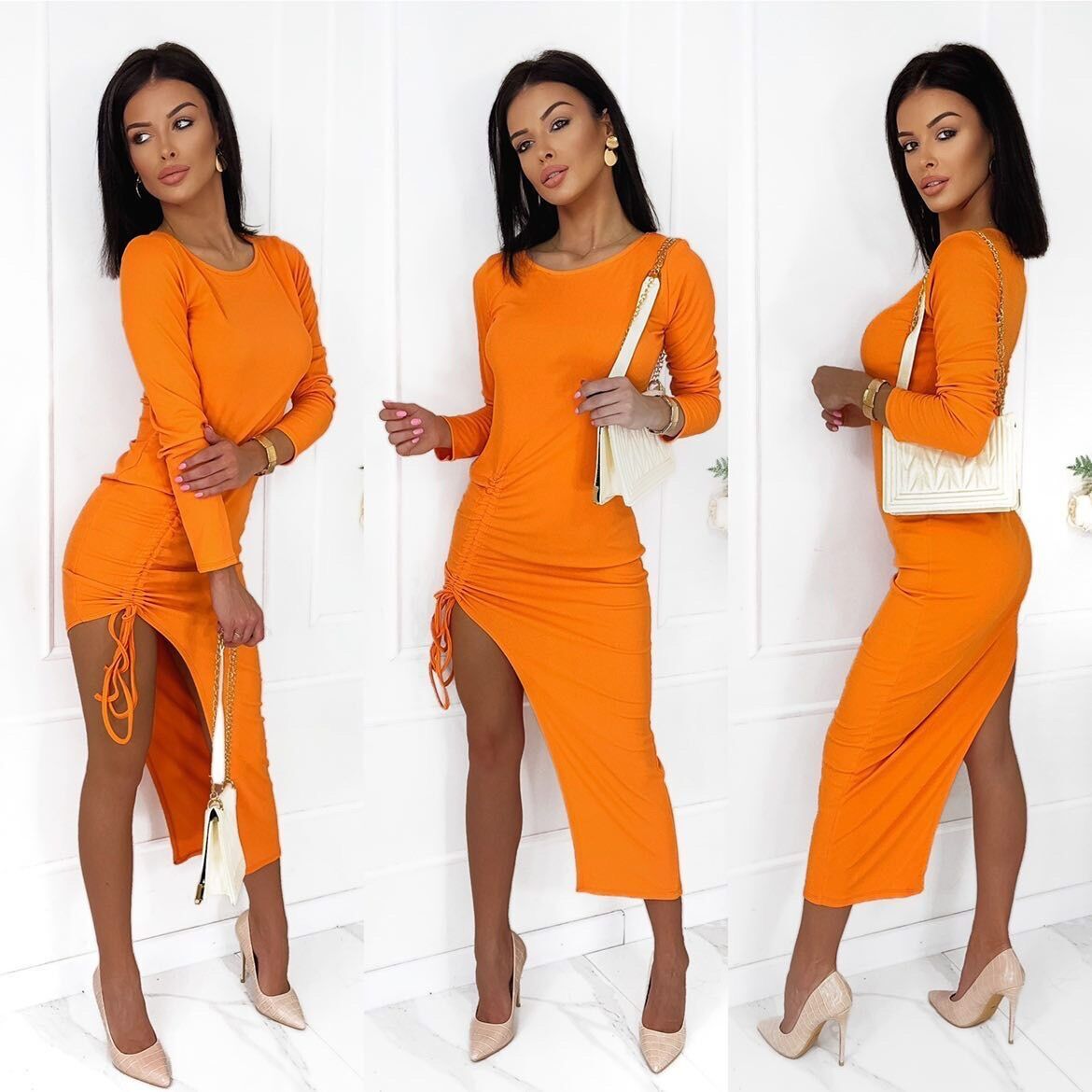 Women’s Long Sleeve Midi Dress with Side Drawstring – EB23051 | Made in Italy | Wholesale Pack 5 pcs (Mixed Colors , Random)