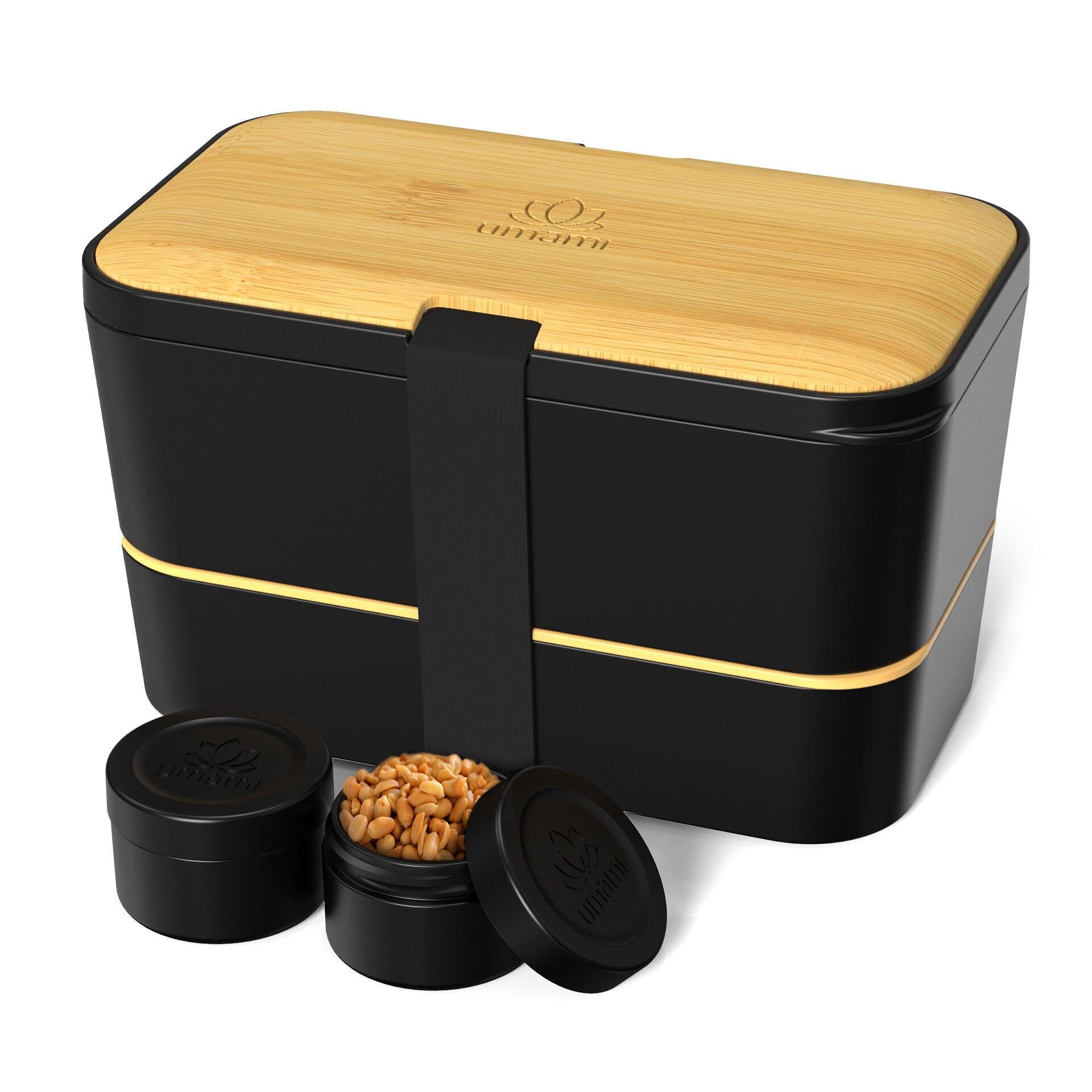 Fiambrera Umami Bento, incluye cubiertos y 2 salseras, lonchera empotrada, apta para microondas, lonchera compartimentada para adultos, color negro ónix y beige, 1500 ml