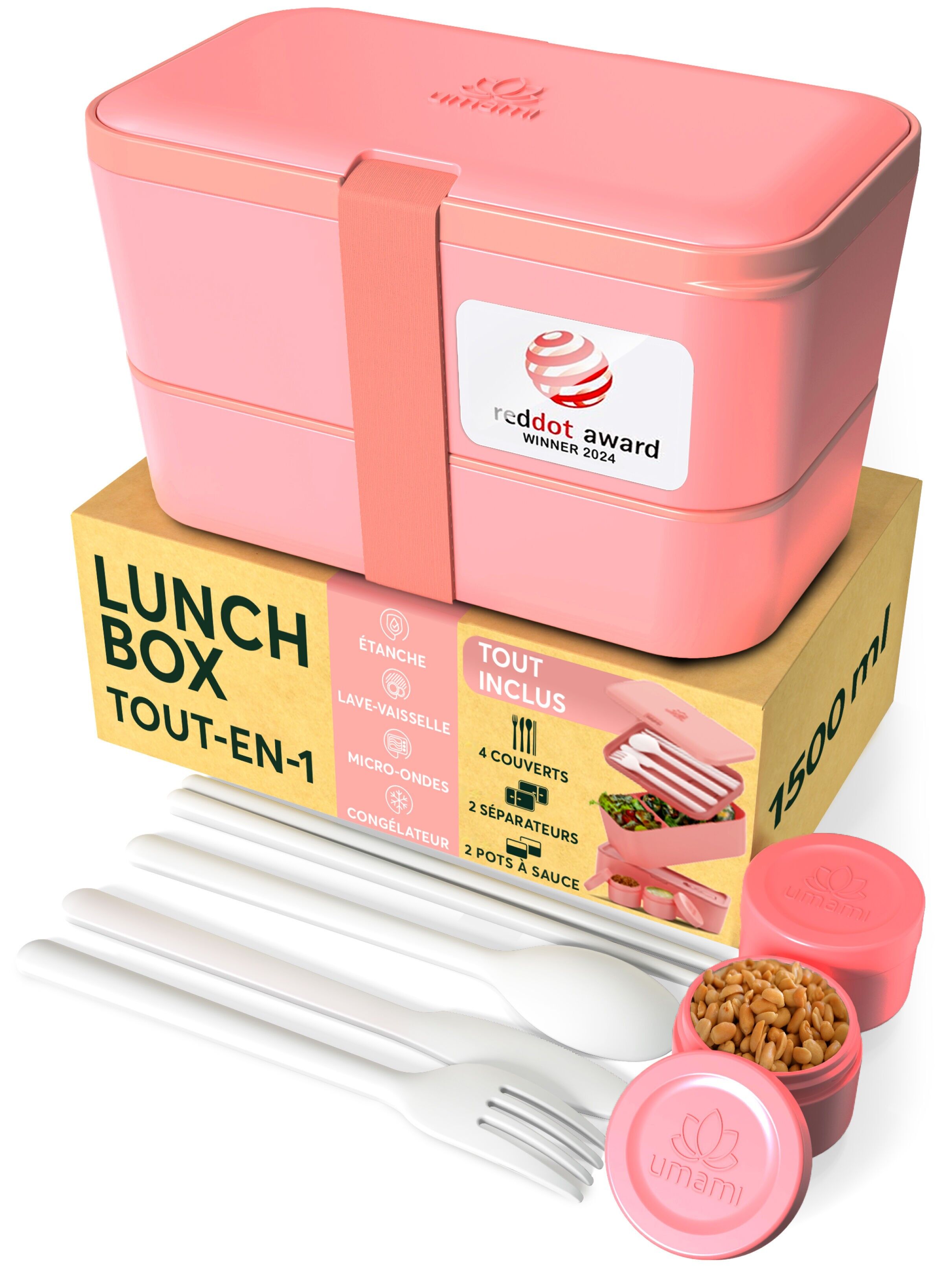 Umami Bento Lunch Box, Couverts & 2 Pots à Sauce Inclus, Boîte Repas Encastrable, Lunchbox Micro-Ondable, Boîte à Lunch Adulte Compartimentée, Bento Box, Rose Corail, 1500 ml