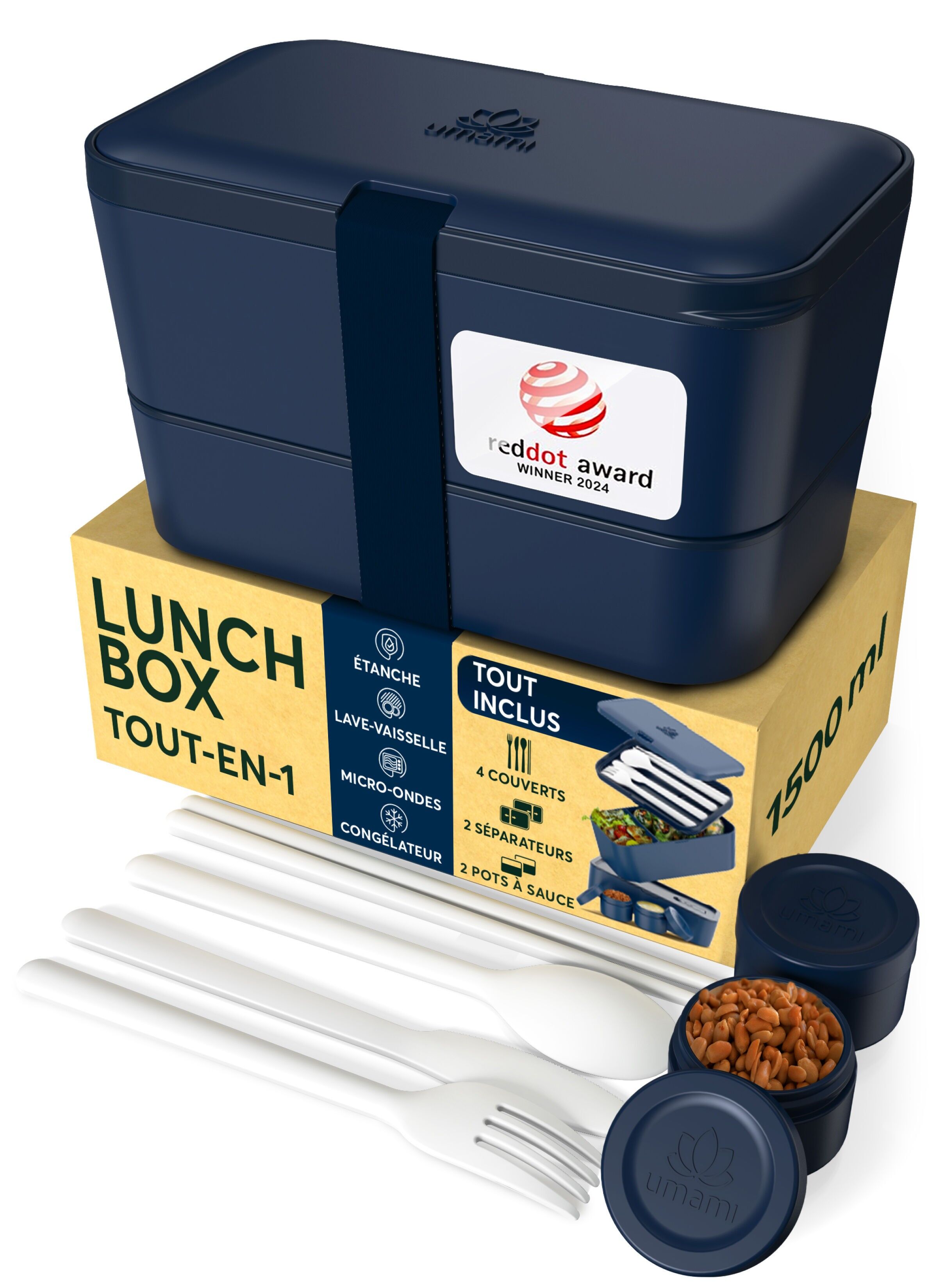 Fiambrera Umami Bento con cubiertos y 2 salseras incluidas, lonchera empotrada, apta para microondas, lonchera compartimentada para adultos, azul rey, 1500 ml