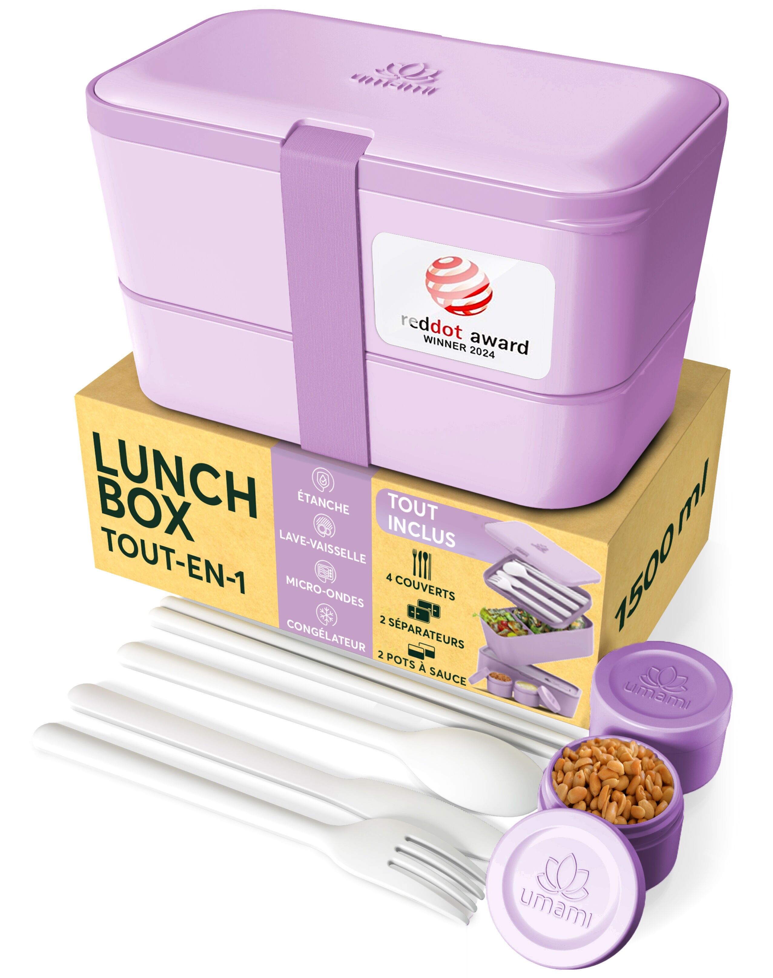 Fiambrera Umami Bento, incluye cubiertos y 2 salseras, lonchera empotrada, apta para microondas, lonchera compartimentada para adultos, color morado lavanda, 1500 ml