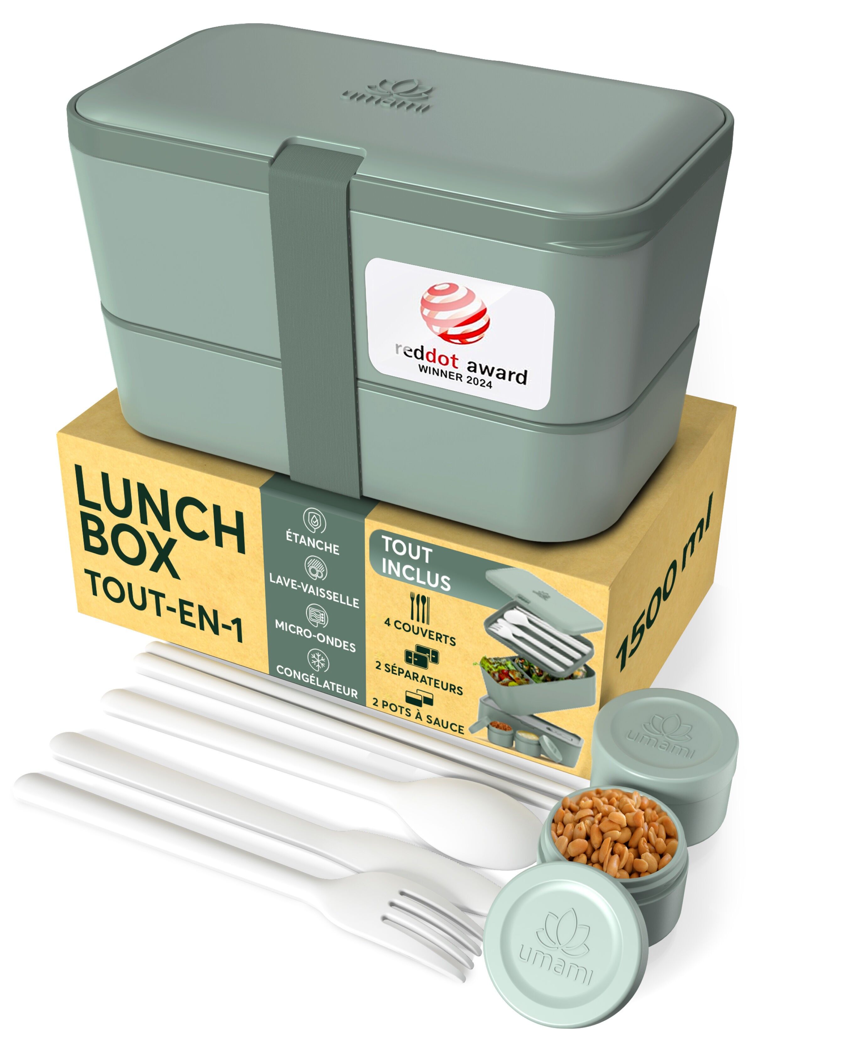 Fiambrera Umami Bento, incluye cubiertos y 2 salseras, lonchera empotrada, apta para microondas, lonchera compartimentada para adultos, color verde pizarra, 1500 ml