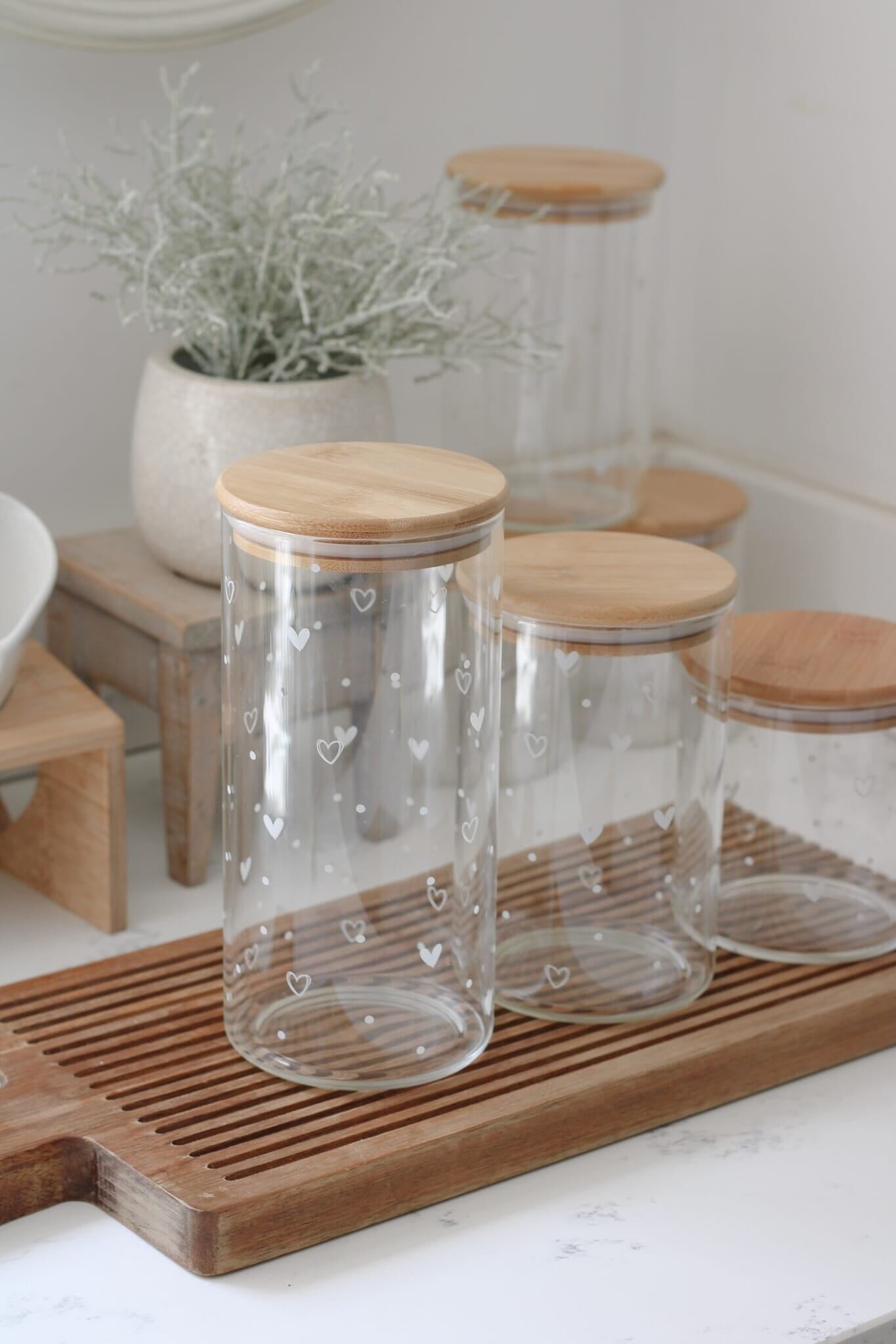 Set 3 Bamboo Storage Jar-Hearts&Dots Natural lid 1400ml