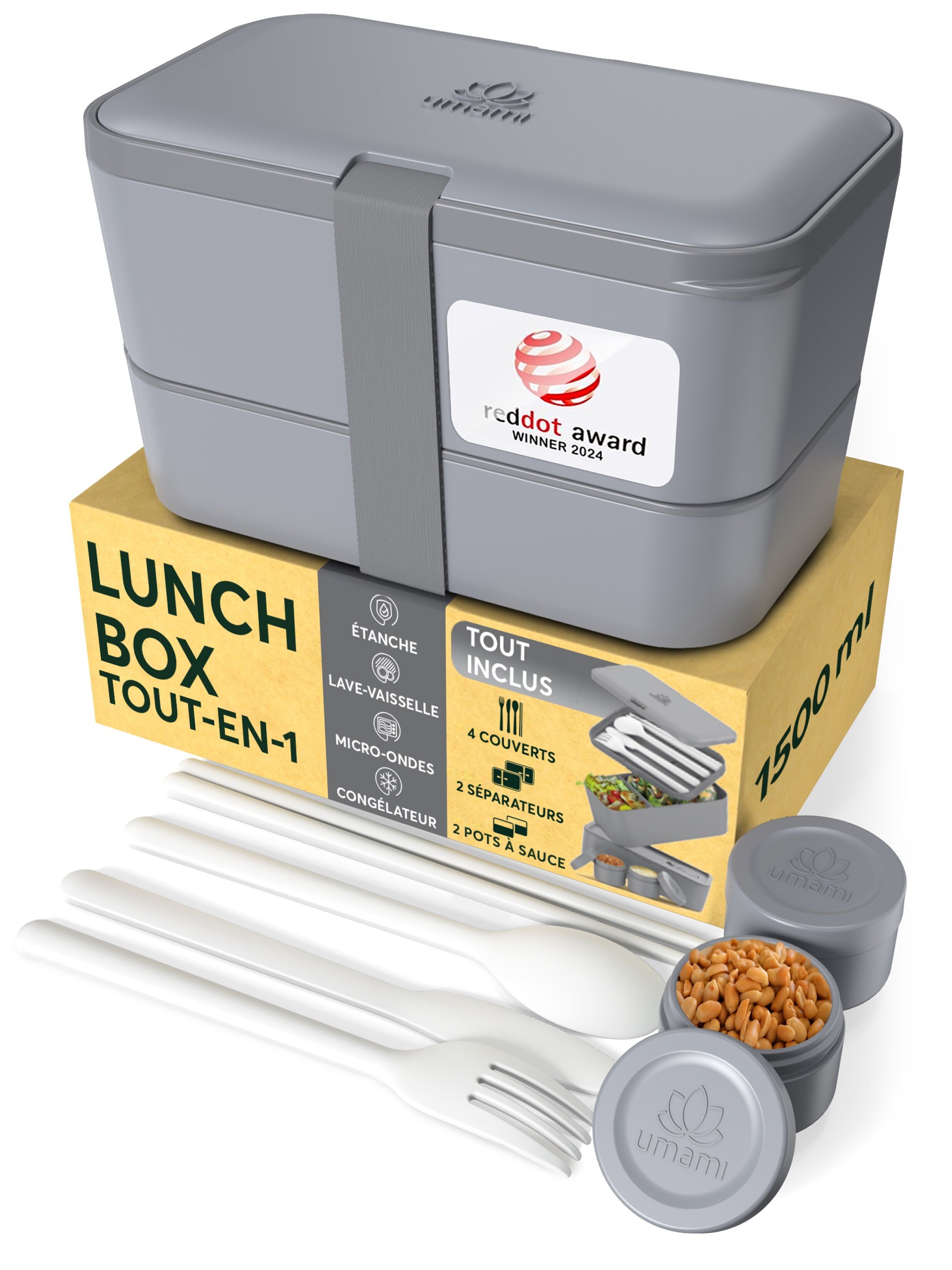 Fiambrera Umami Bento, incluye cubiertos y 2 salseras, apilable, apta para microondas, con compartimentos para adultos, color gris carbón, 1500 ml