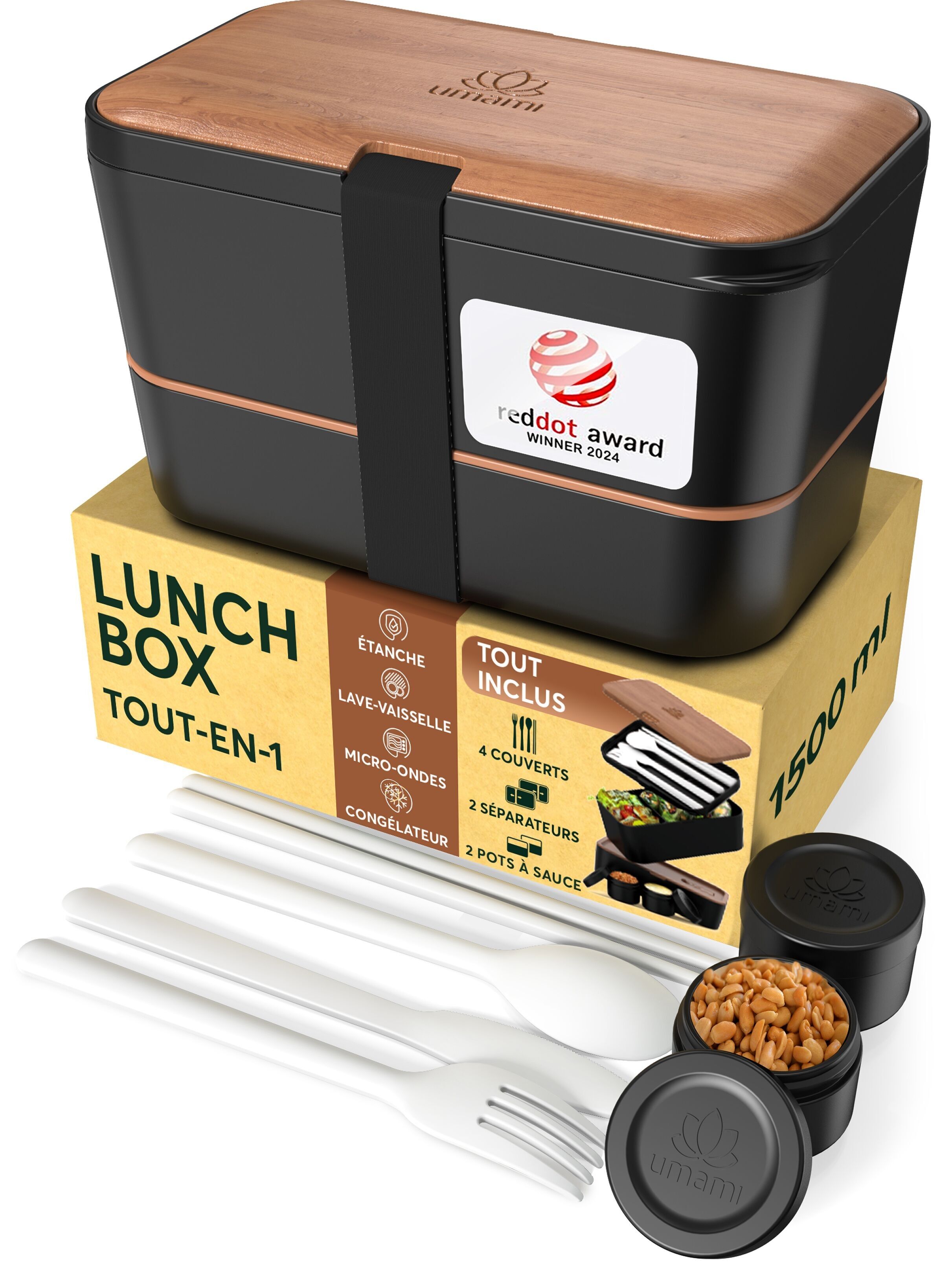 Umami Bento Lunch Box, Couverts & 2 Pots à Sauce Inclus, Boîte Repas Encastrable, Lunchbox Micro-Ondable, Boîte à Lunch Adulte Compartimentée, Bento Box, Cerise Noire, 1500 ml