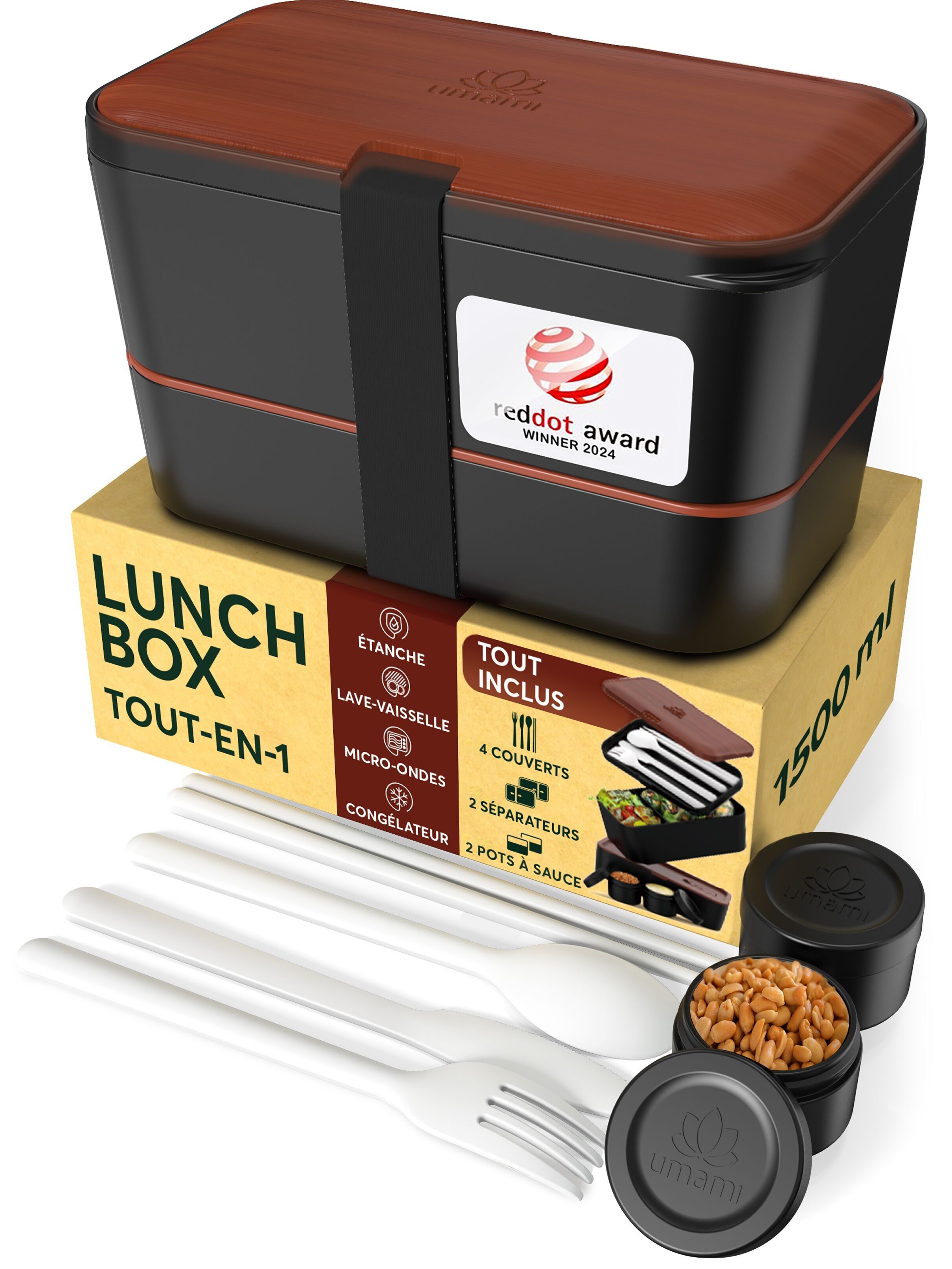 Umami Bento Lunch Box, Couverts & 2 Pots à Sauce Inclus, Boîte Repas Encastrable, Lunchbox Micro-Ondable, Boîte à Lunch Adulte Compartimentée, Bento Box, Sapele Noir, 1500 ml