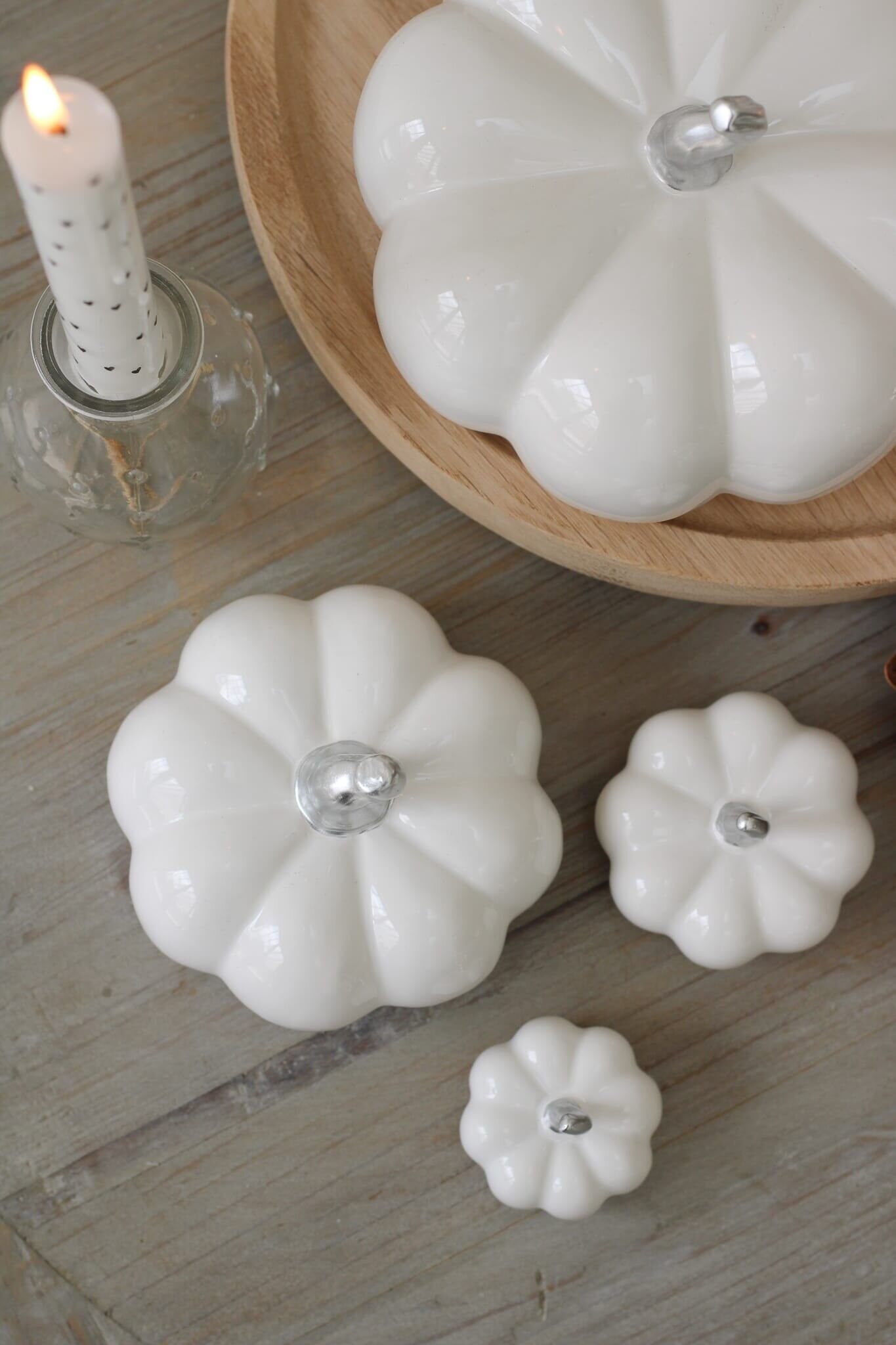 Ceramic Pumpkin White/Silver Stalk - Medium 2Pc Set
