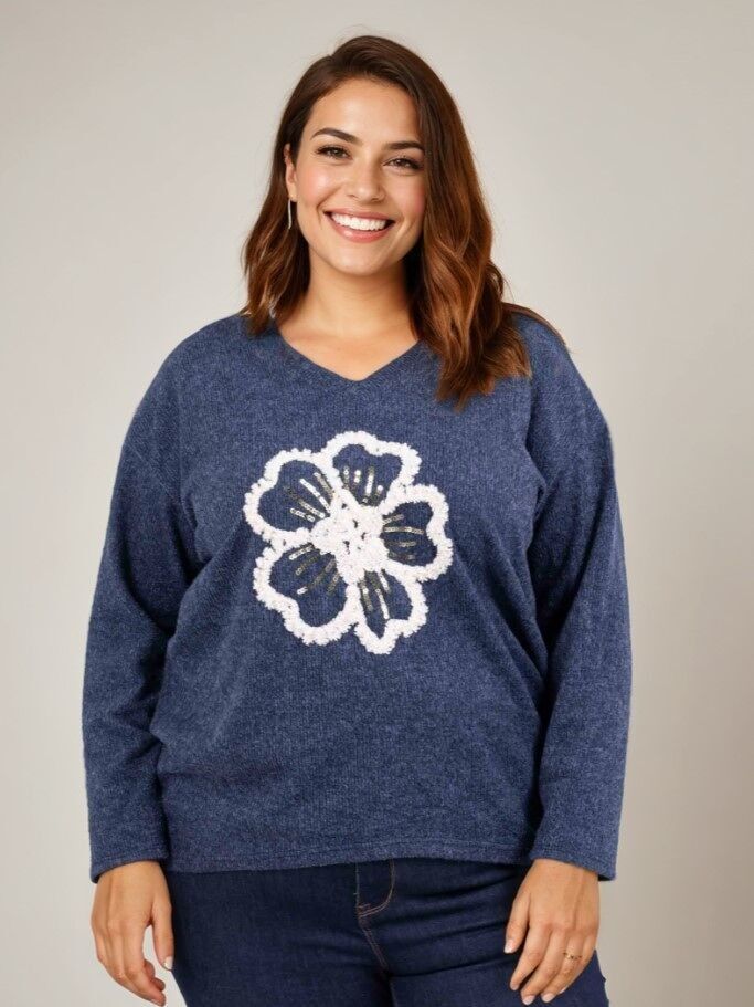 Blauer Grobstrickpullover mit Blumenmuster in Übergröße (T21410)