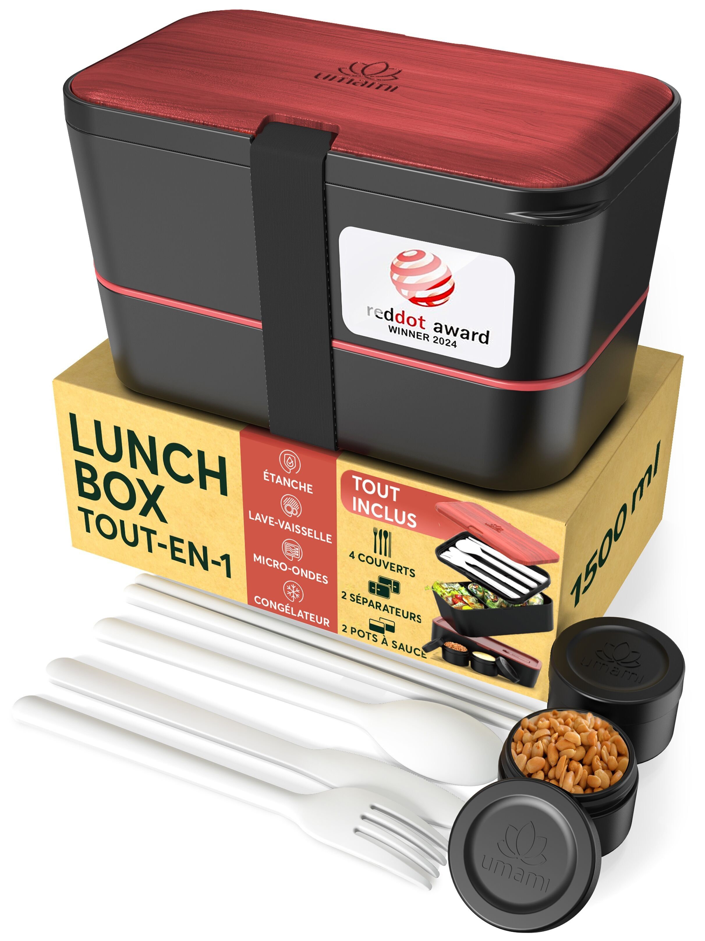 Umami Bento Lunch Box, Couverts & 2 Pots à Sauce Inclus, Boîte Repas Encastrable, Lunchbox Micro-Ondable, Boîte à Lunch Adulte Compartimentée, Bento Box, Palissandre Noir, 1500 ml