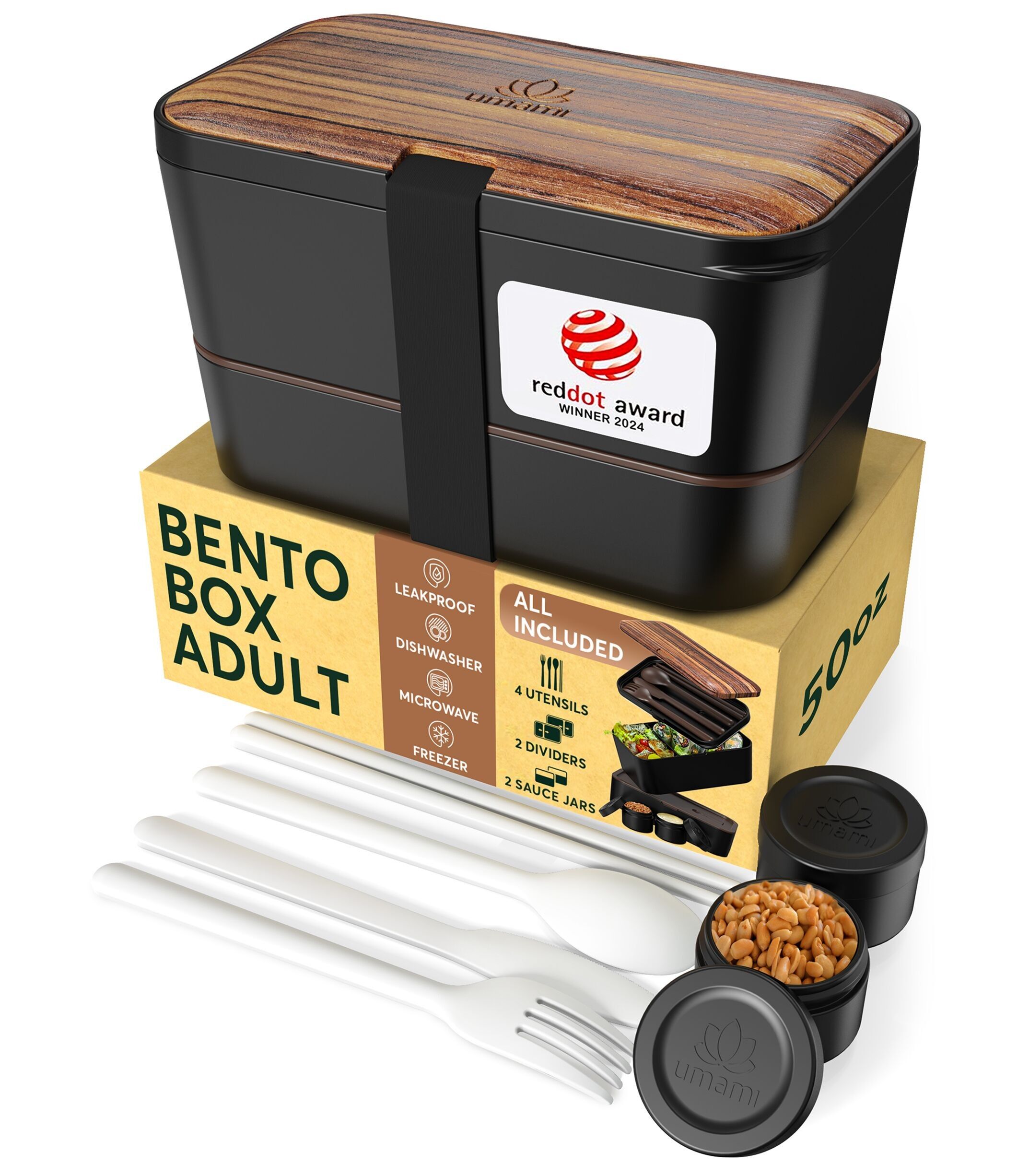 Umami Bento Lunch Box, Couverts en Bois & Pots à Sauce Inclus, Boîte à Lunch Étanche, Lunchbox Adulte, Micro-Ondable, Boîte Repas Compartimentée, Wengé Noir, 1500 ml