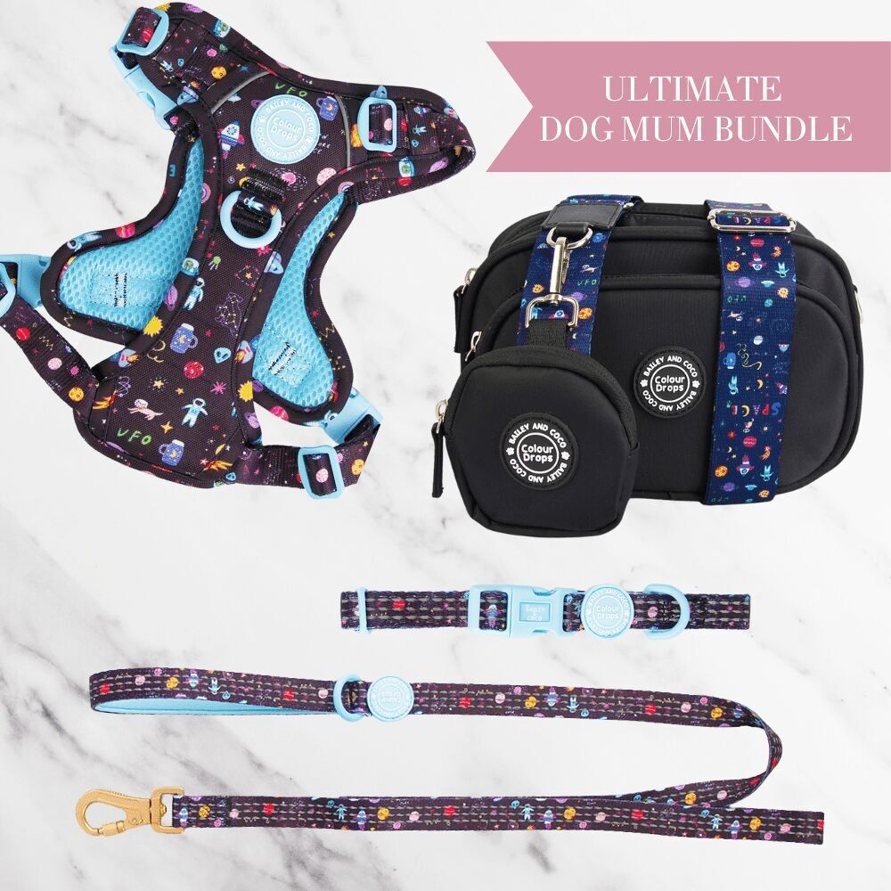 Space Paws Adjustable Dog Harness, Lead, Collar & Dog Walking Bag Bundle