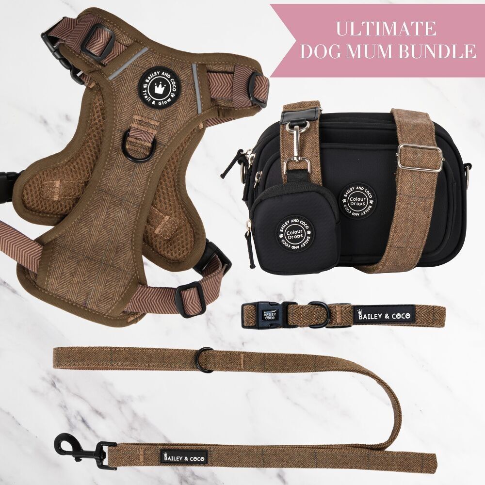 Conjunto de arnés ajustable Oxford Tweed para perro, correa, collar y bolsa de paseo