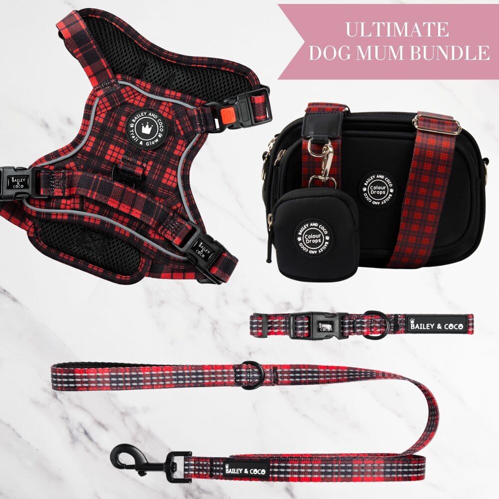 Arnés ajustable para perro, correa, collar y bolsa de paseo de tartán rojo