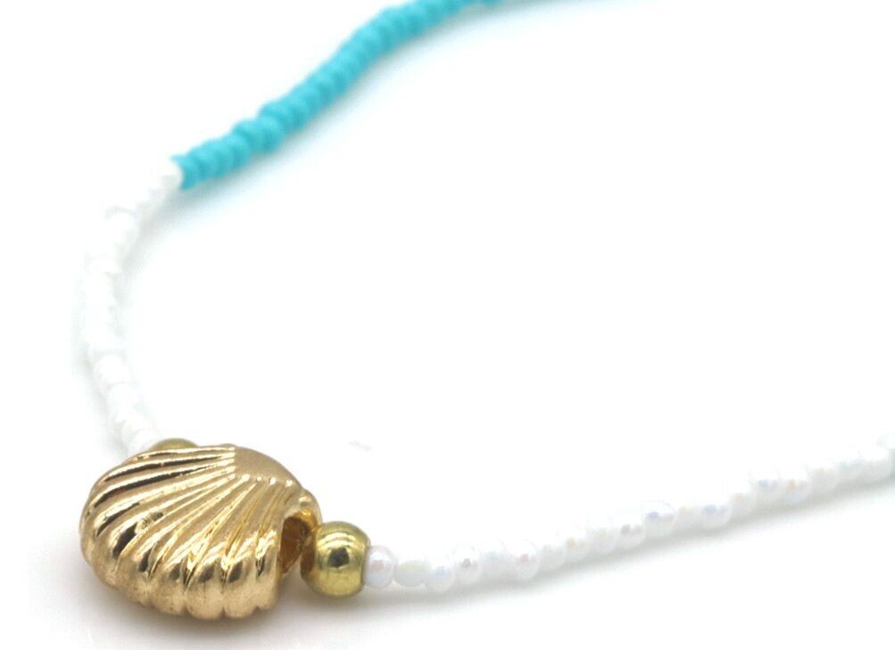 D-D3.3 N1034-005-2 Collana alla moda con perle di vetro e conchiglia, 40-45 cm, blu