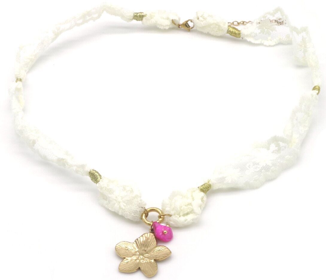 I-F22.2 N2524-008 S.Stahl Stoff Halskette Blume 50-55cm