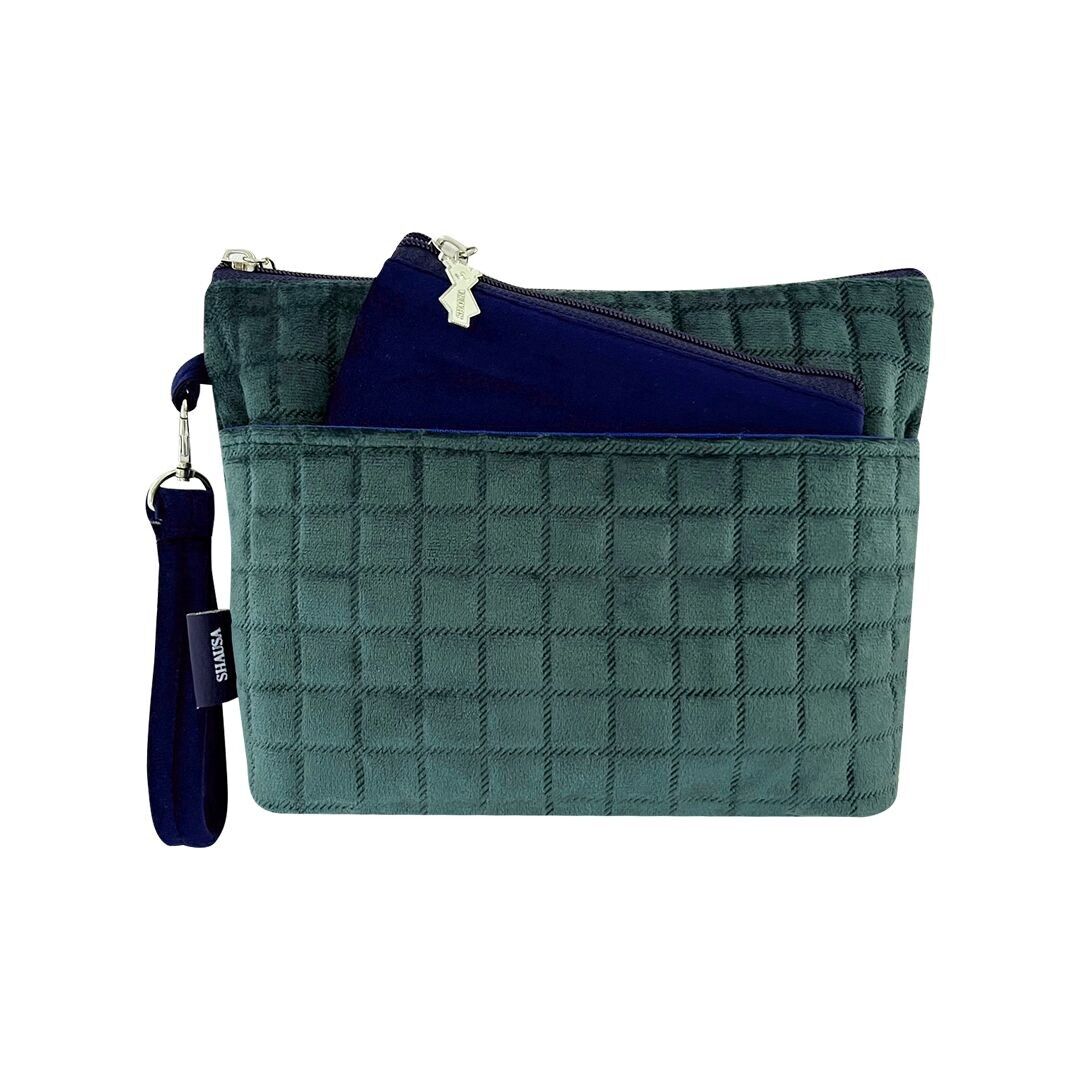 Green suede toiletry bag + Extra blue velvet toiletry bag