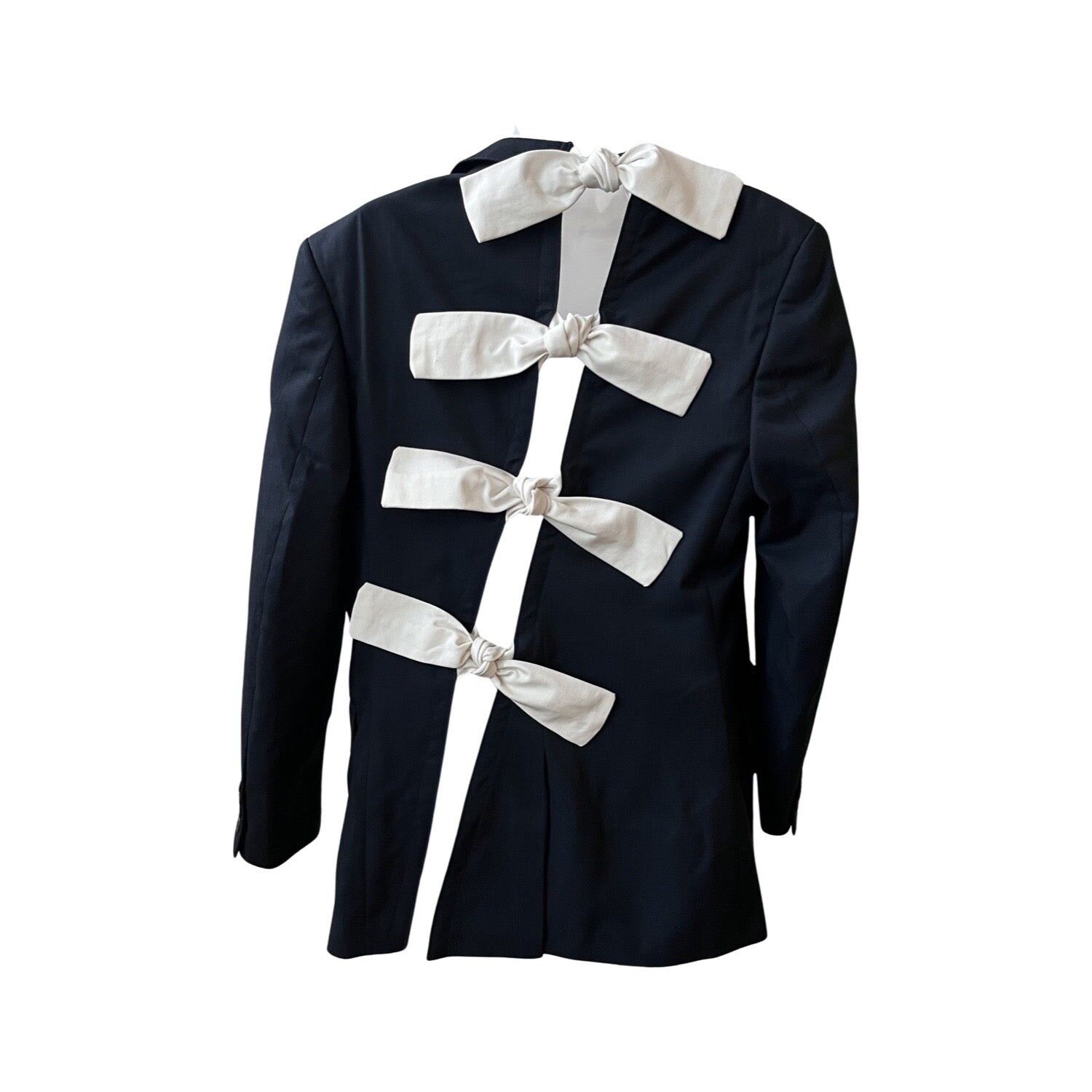 Reworked men blazer with back cut out and white bows