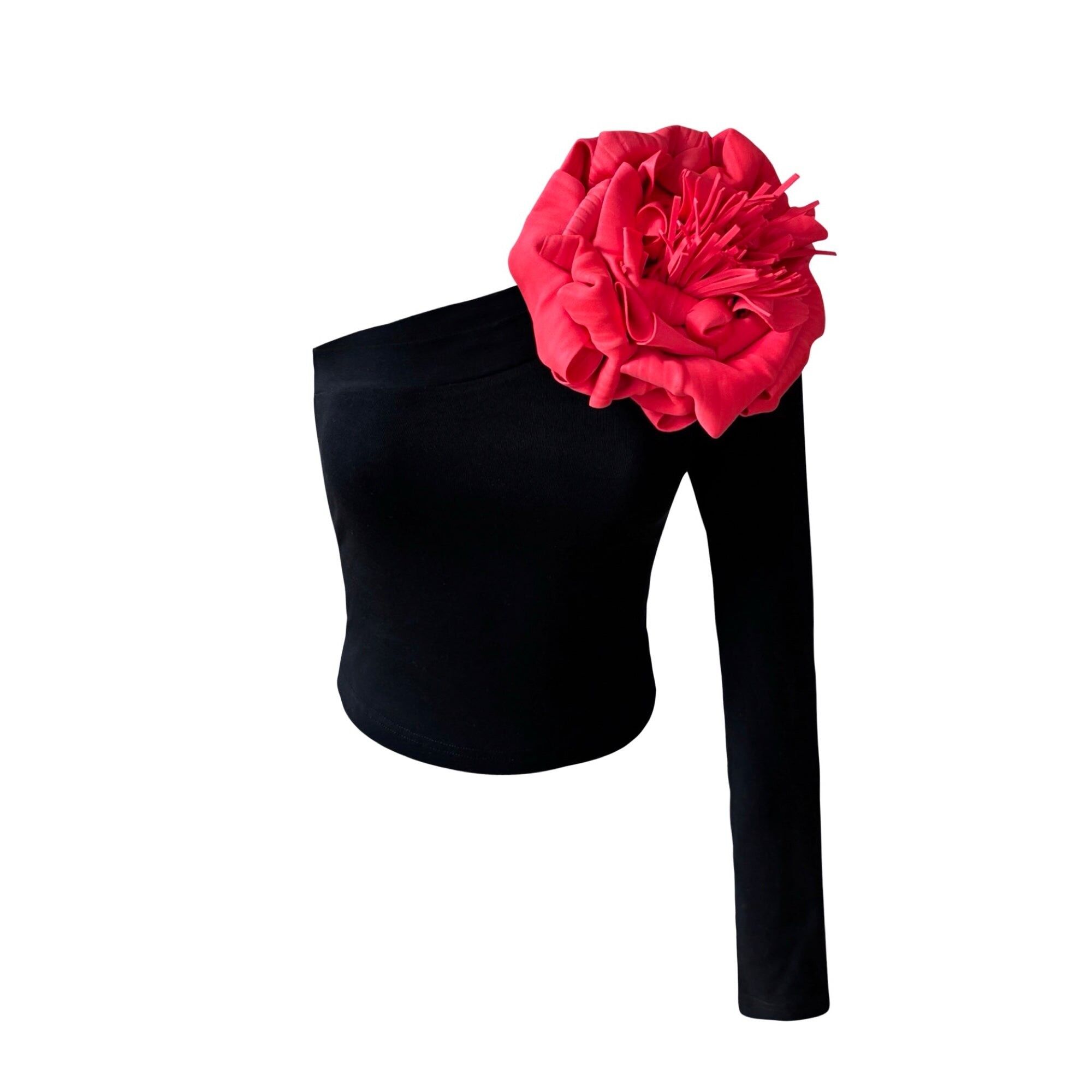 Schwarzes einärmliges Top mit roter Blumennadel