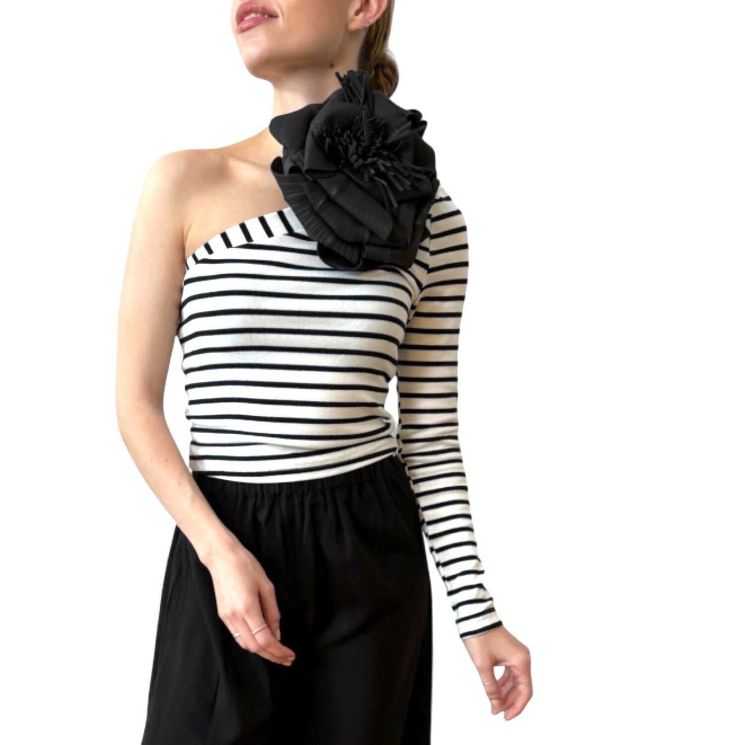 Buy wholesale Striped one sleeve top with black flower pin