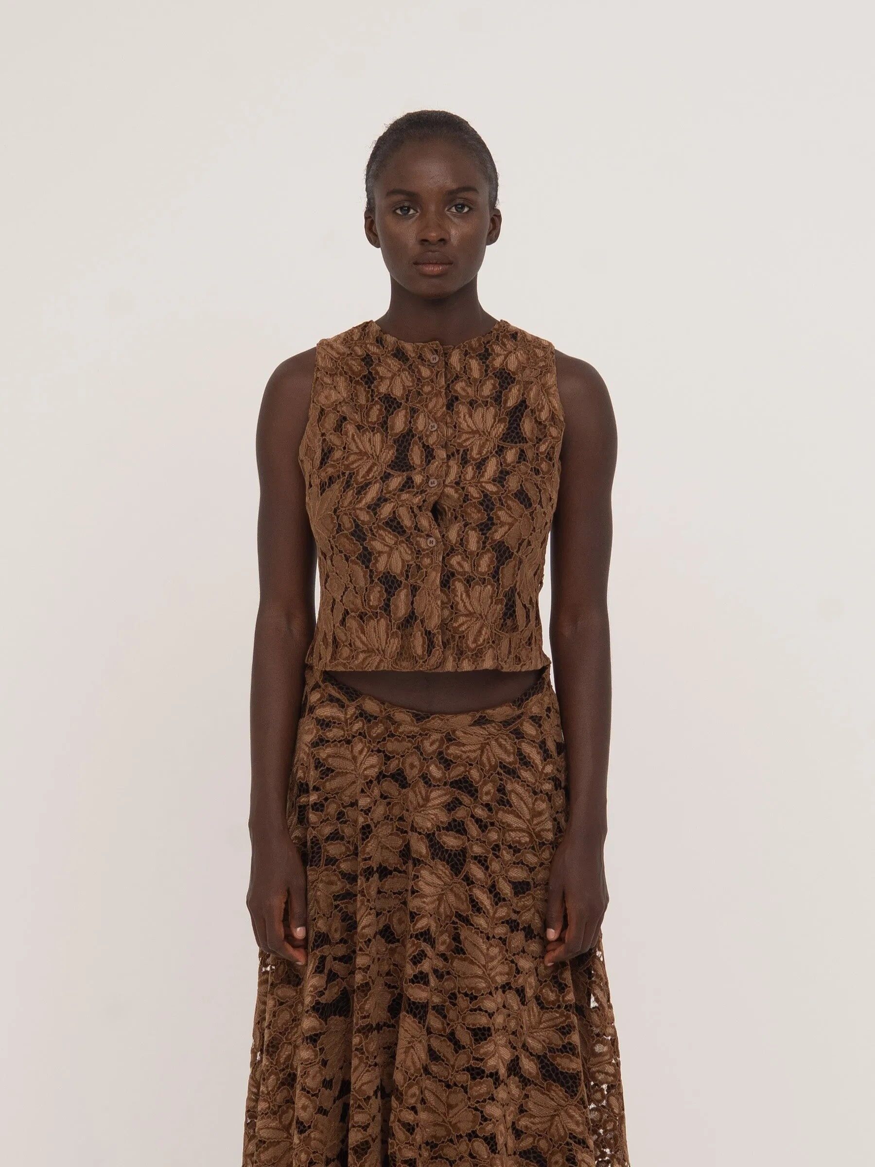 Top da cerimonia in pizzo di velluto marrone Lovers