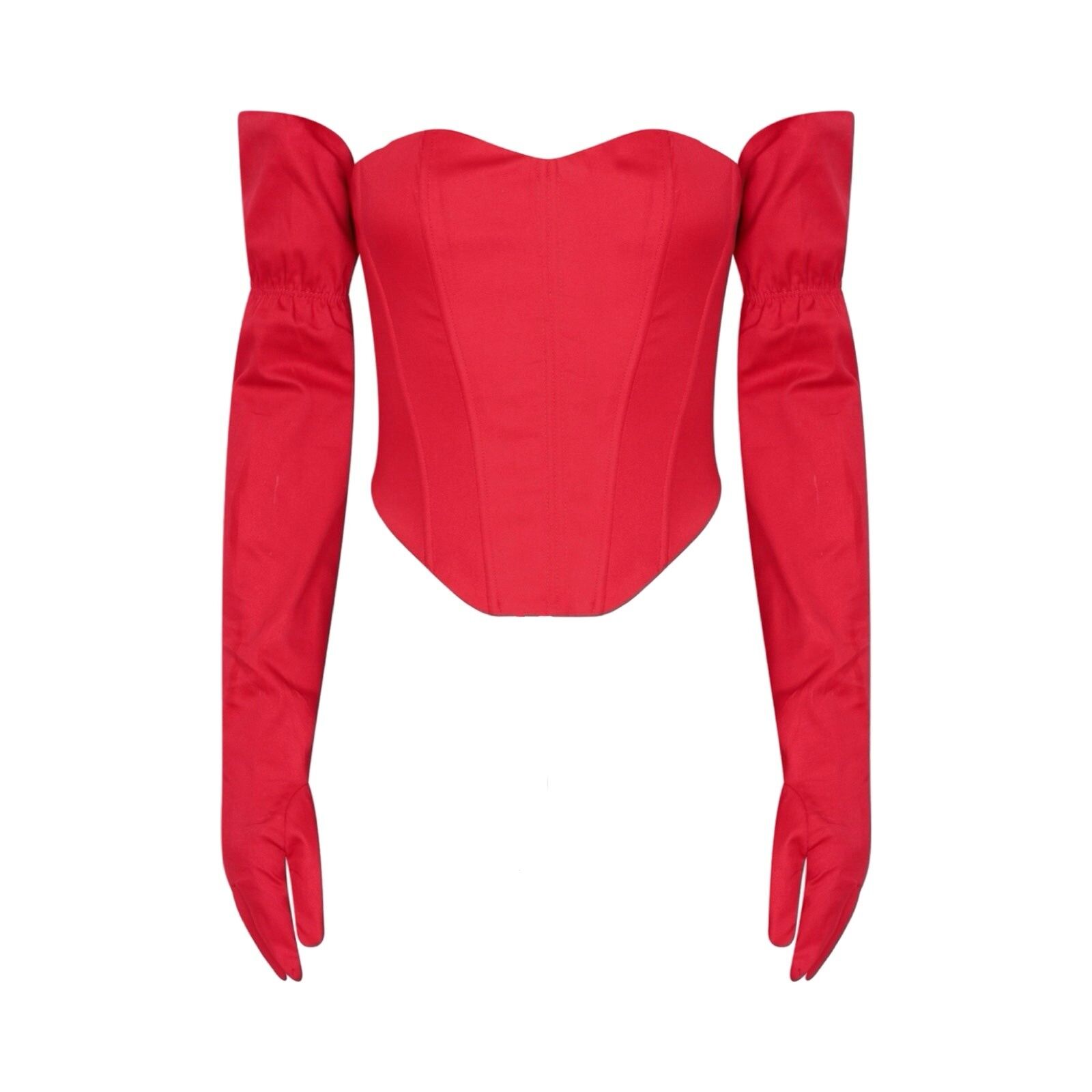 Rotes Sweetheart-Korsett mit langen Handschuhen