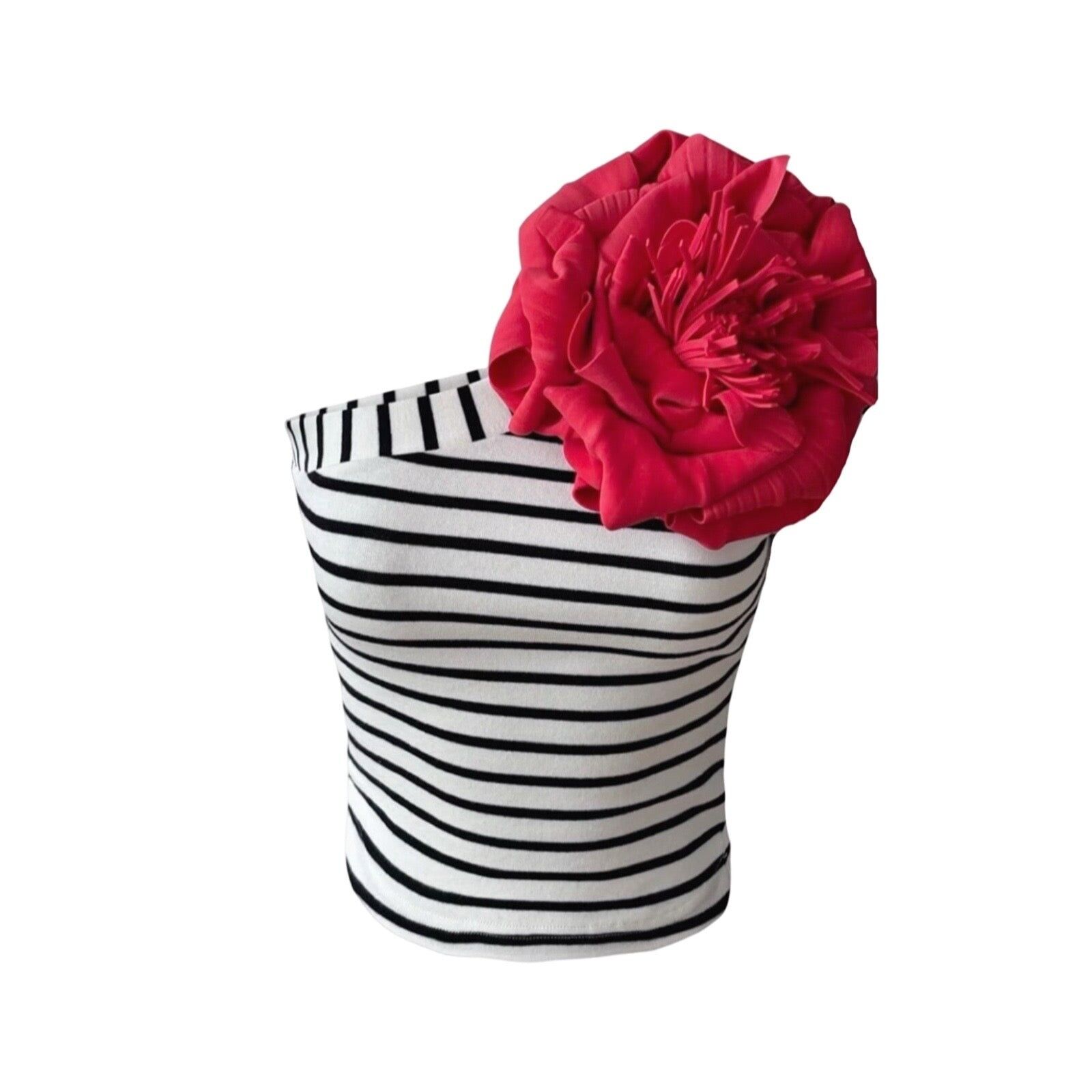 Gestreiftes One-Shoulder-Top mit roter Blumennadel