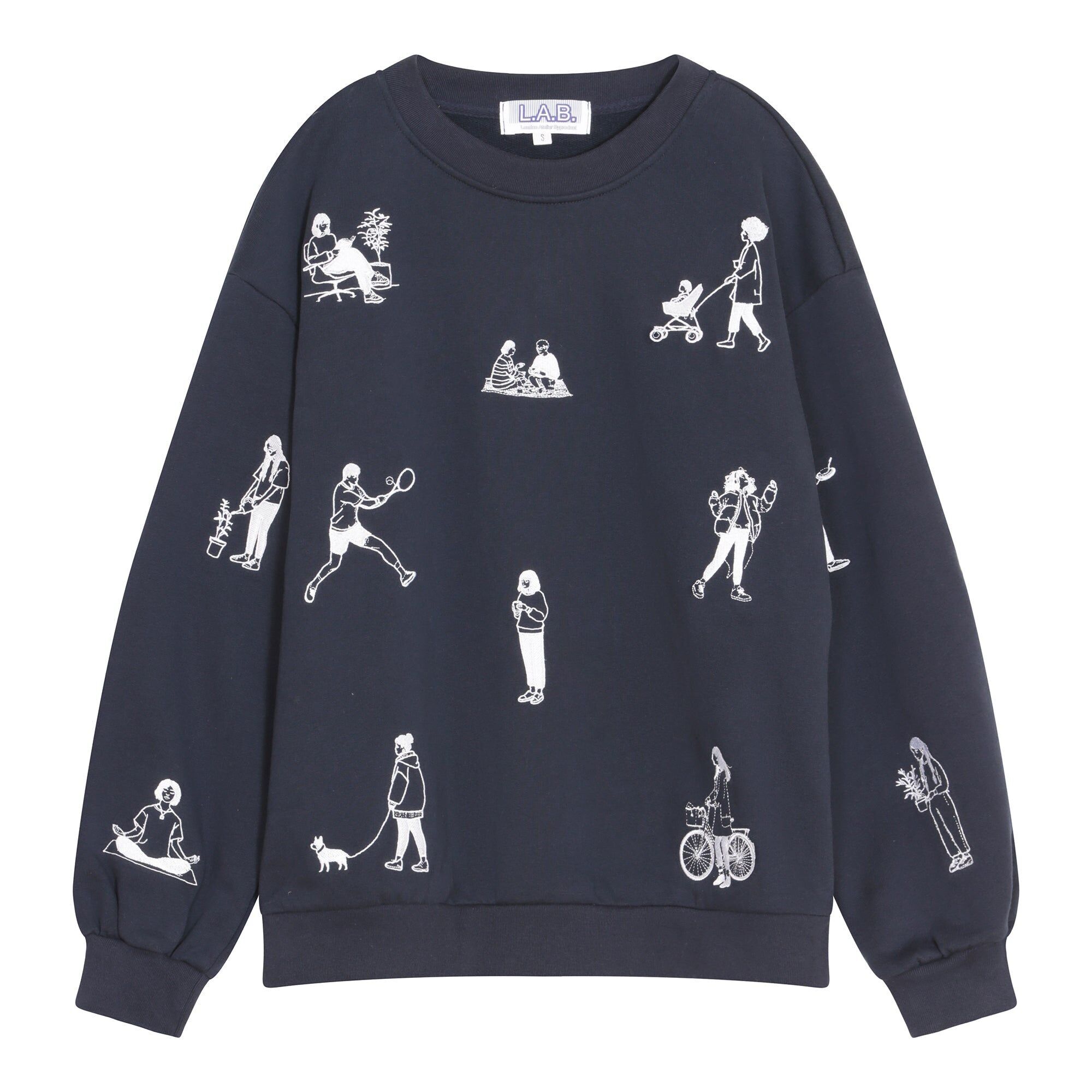 Jersey azul marino de tejido grueso con bordado de personas