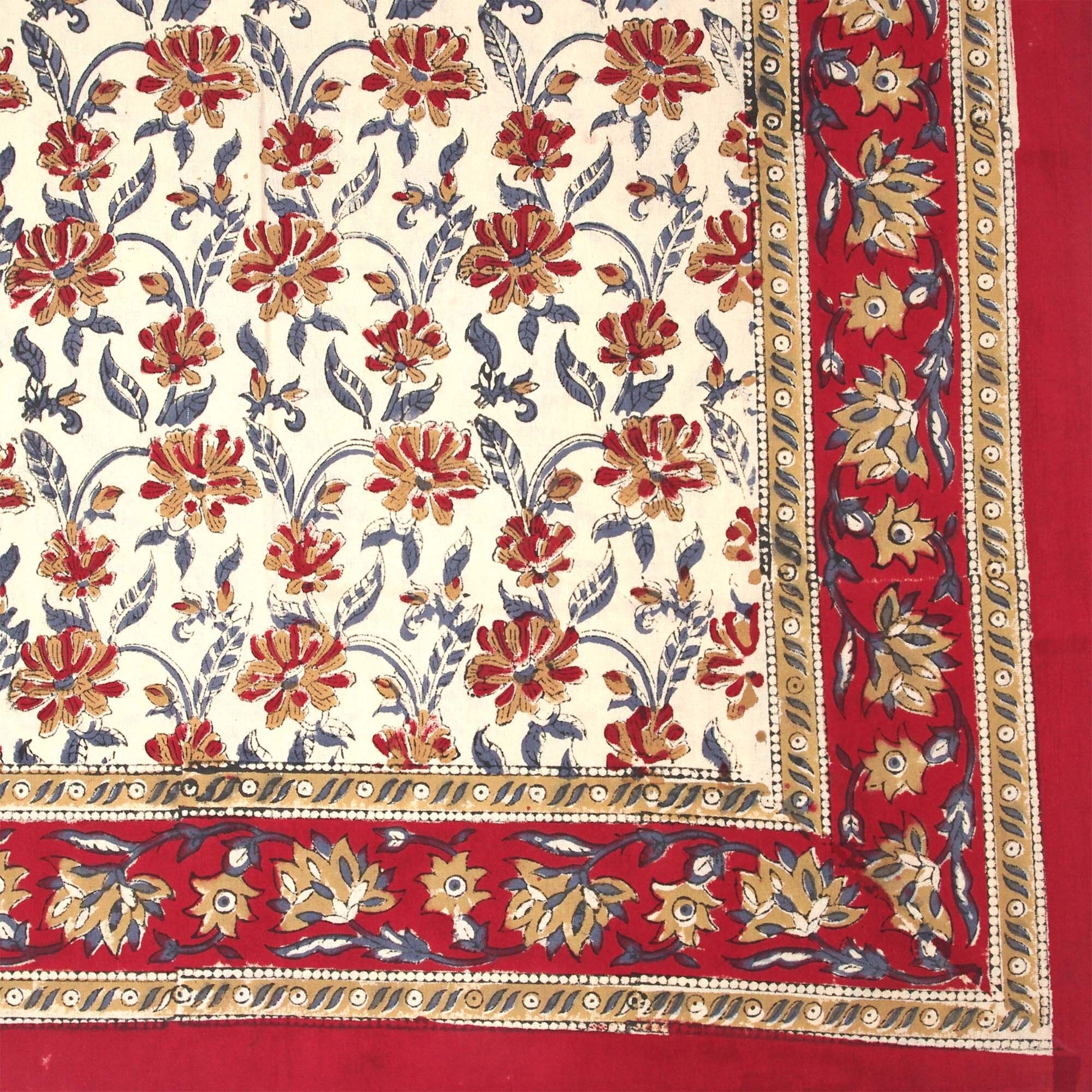 Tovaglia rettangolare stampata a blocchi - Stampa floreale rossa su beige