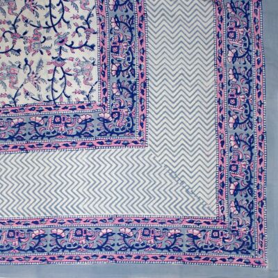 Block Printed Rectangular Tablecloth - Blue & Pink Floral Jaal
