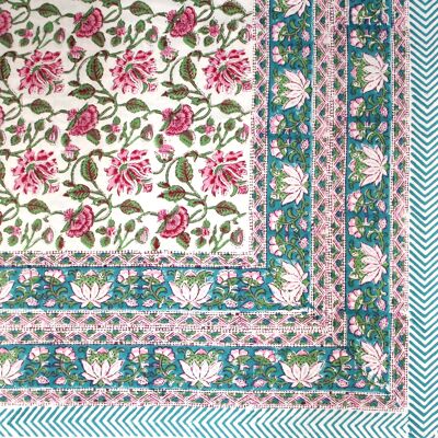 Block Printed Rectangular Tablecloth - Pink Blooming Lotus Print