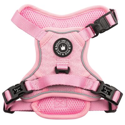 Arnés de tweed para perros color rosa chicle - Antitirones y reflectante | Trail & Glow®
